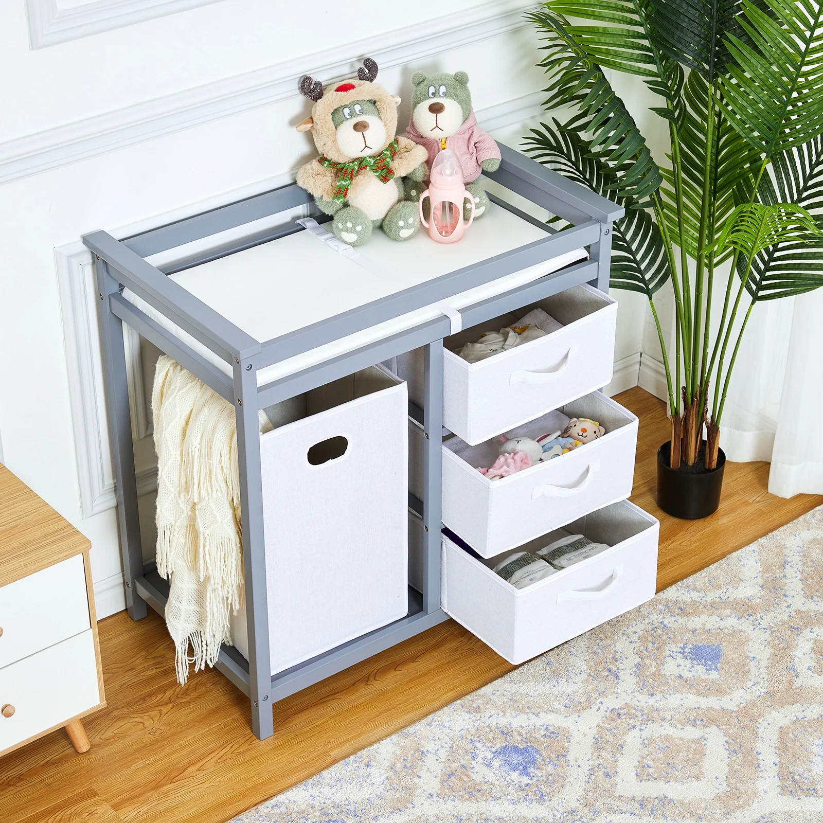Baby Changing Table, Wooden Diaper Changing Table, Infant Diaper Changing Station Dresser with Laundry Hamper, 3 Drawer Basket and Changing Pad