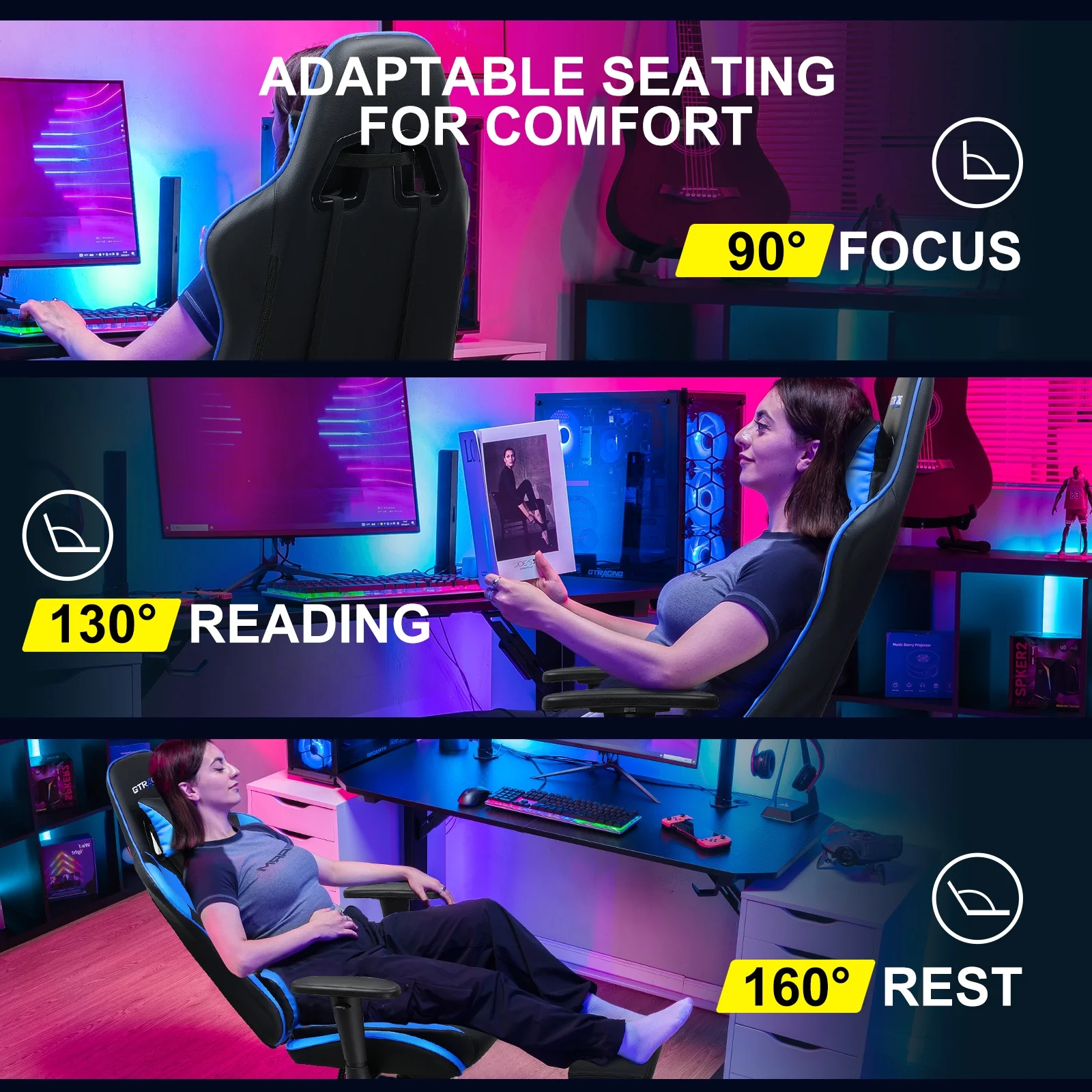 GTRACING Gaming Chair Office Chair PU Leather with Footrest&Adjustable Headrest,Blue
