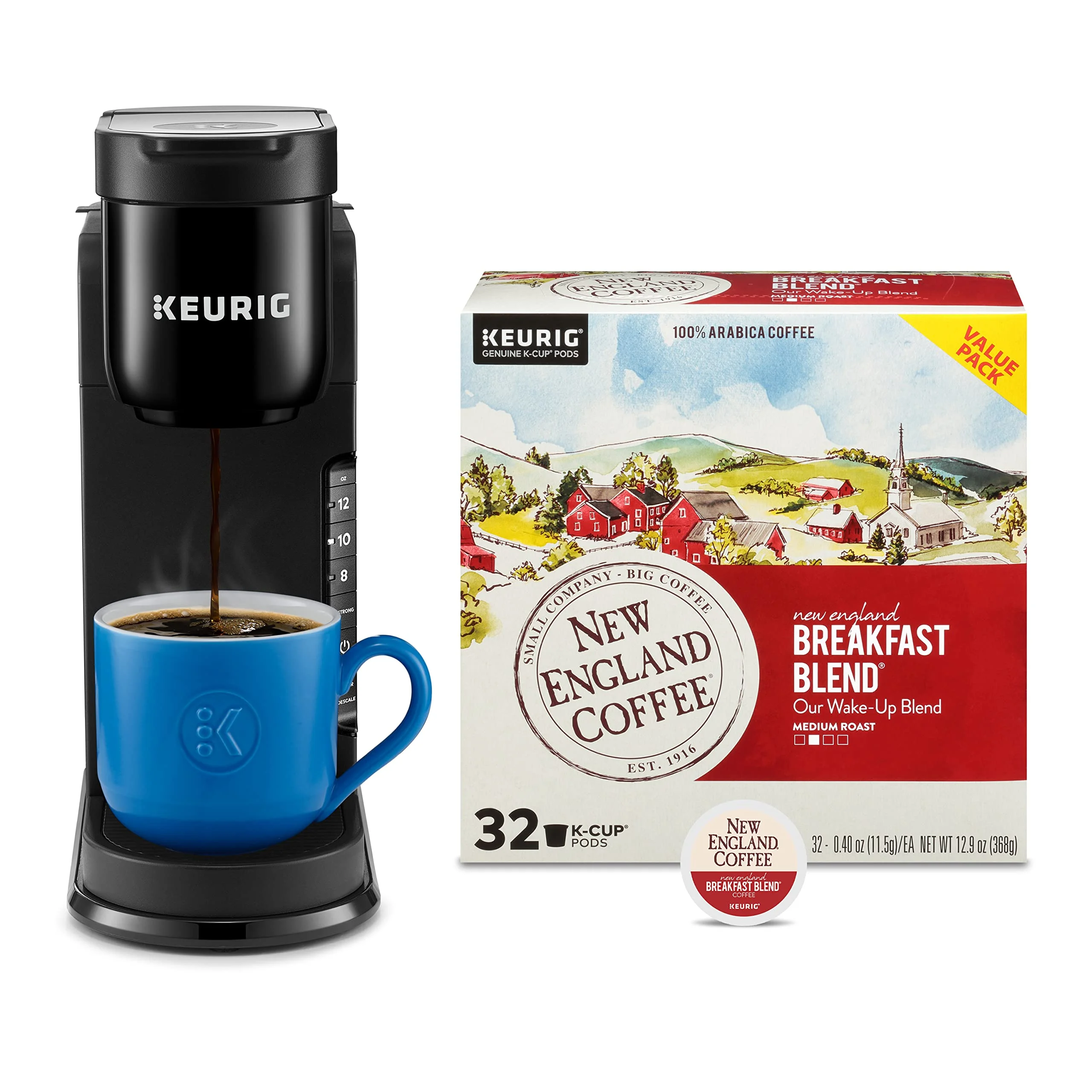 Keurig K-Express Single Serve Coffee Maker With New England Coffee Breakfast Blend Medium Roast, 32 K-Cup Pods.