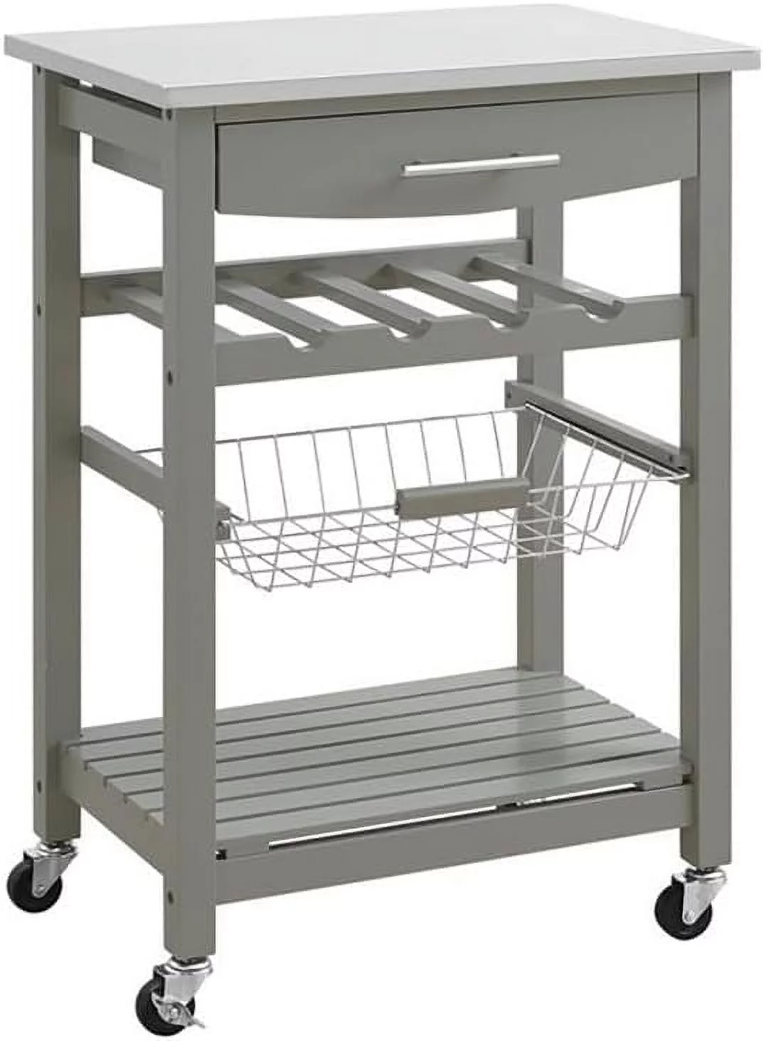 Stainless Steel Top Pine Wood Rolling Kitchen Island Microwave Cart with Storage in Gray