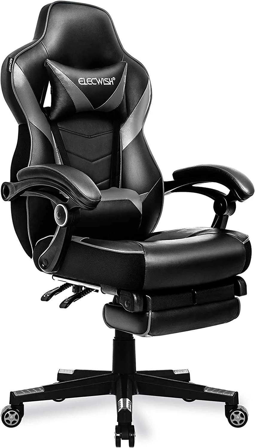 PULUOMIS Gaming Chair with Footrest for Adults Kids Video Game Racing Gaming Chairs Gray