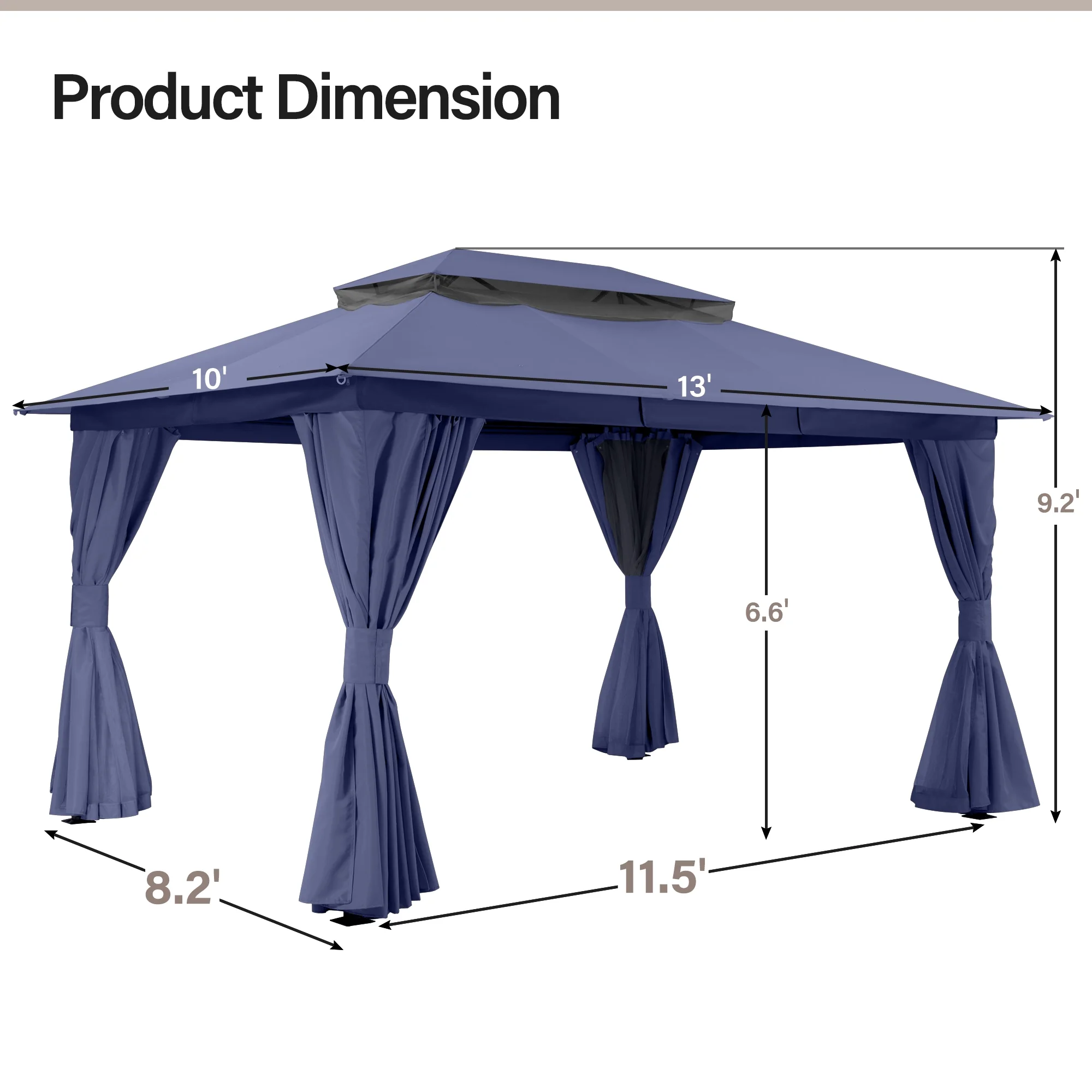 LAUSAINT HOME 10'x13' Patio Gazebo, Double Roof Outdoor Shelter Tent with Mosquito Nettings and Privacy Screens, Navy Blue