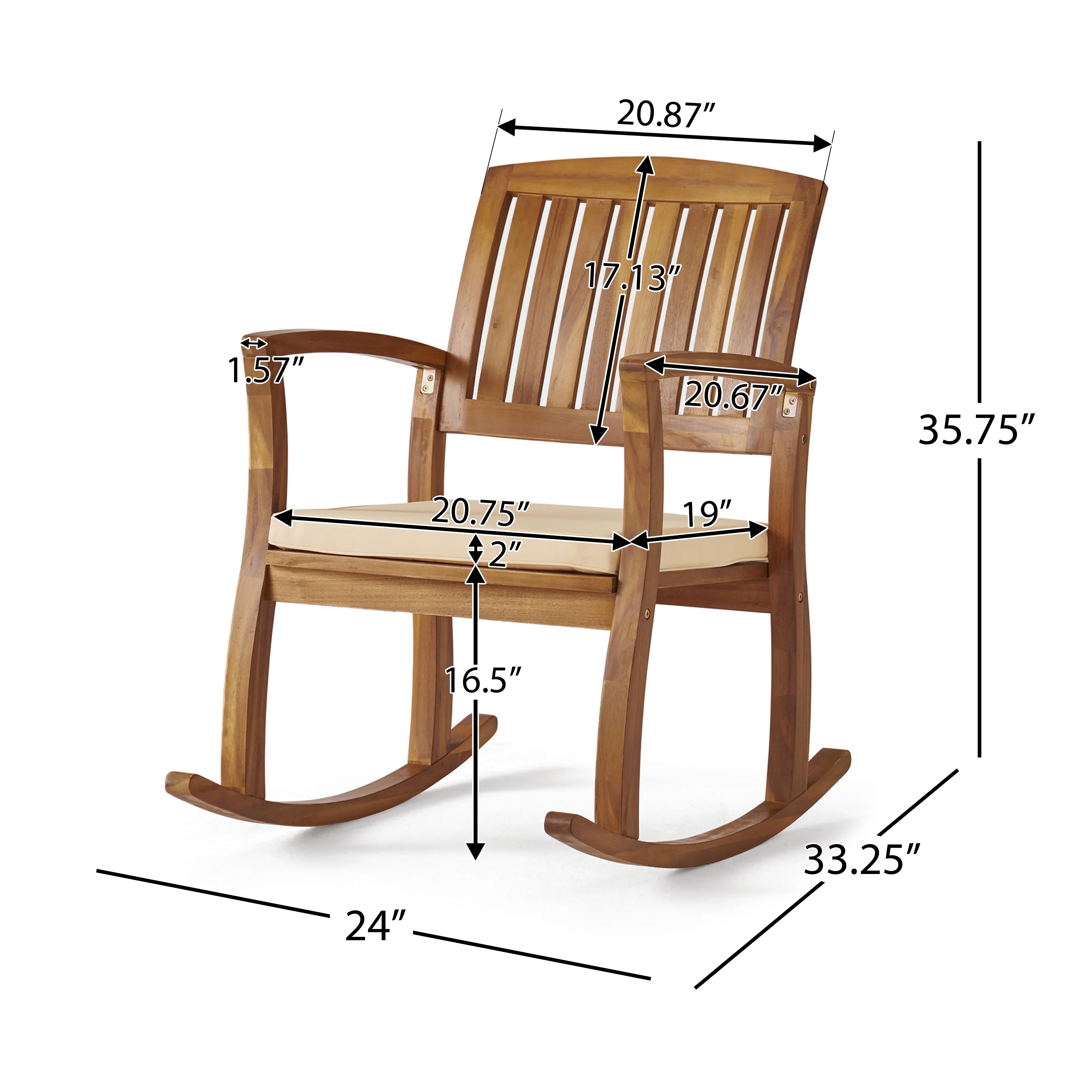 GDF Studio Amber Outdoor Acacia Wood Rocking Chair with Cushion, Set of 2, Teak and Cream Brown White
