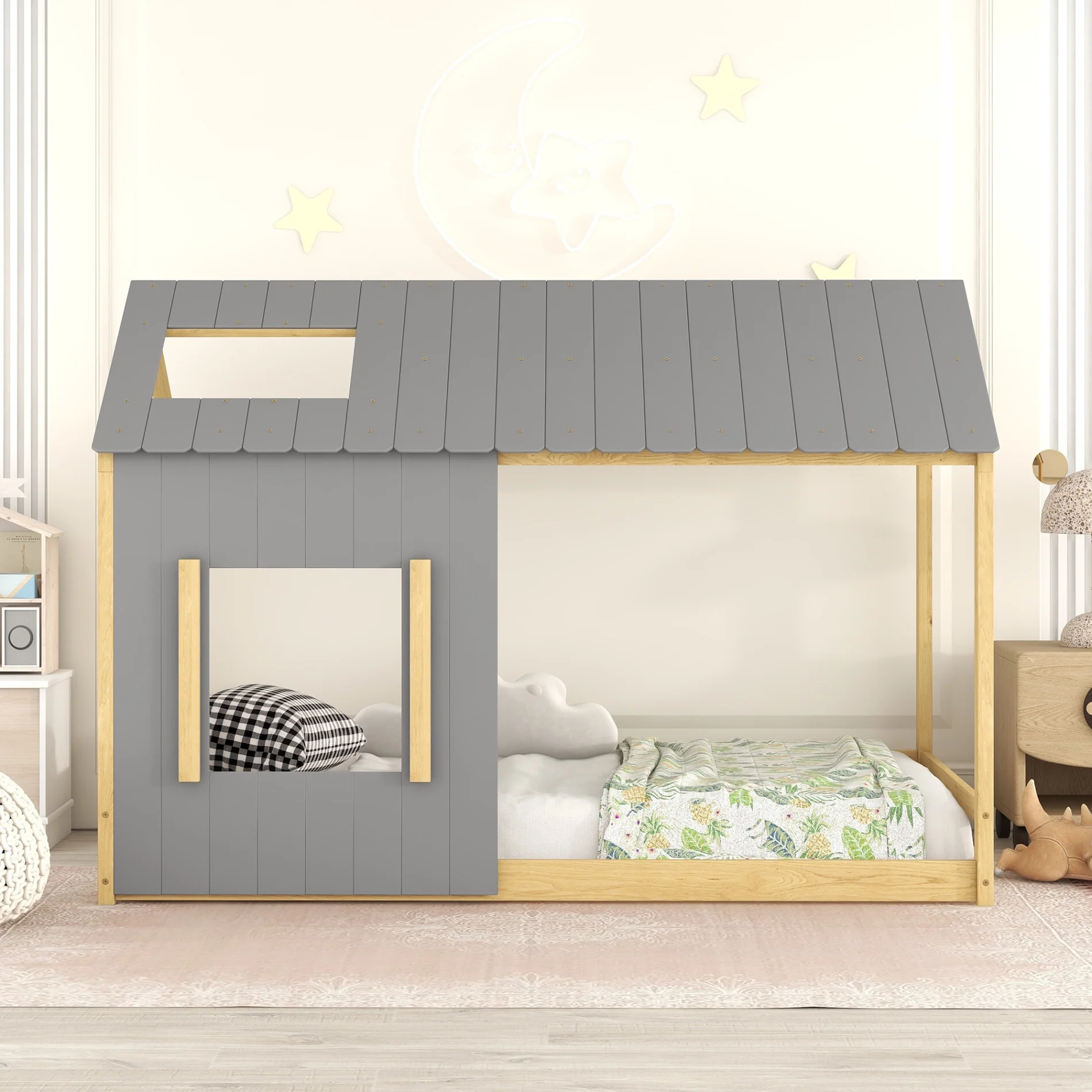 House-shaped Twin Size Montessori Floor Bed with Roof and Window, Wood Frame Floor Bed for Boys, Girls and Adult, Gray+ Natural