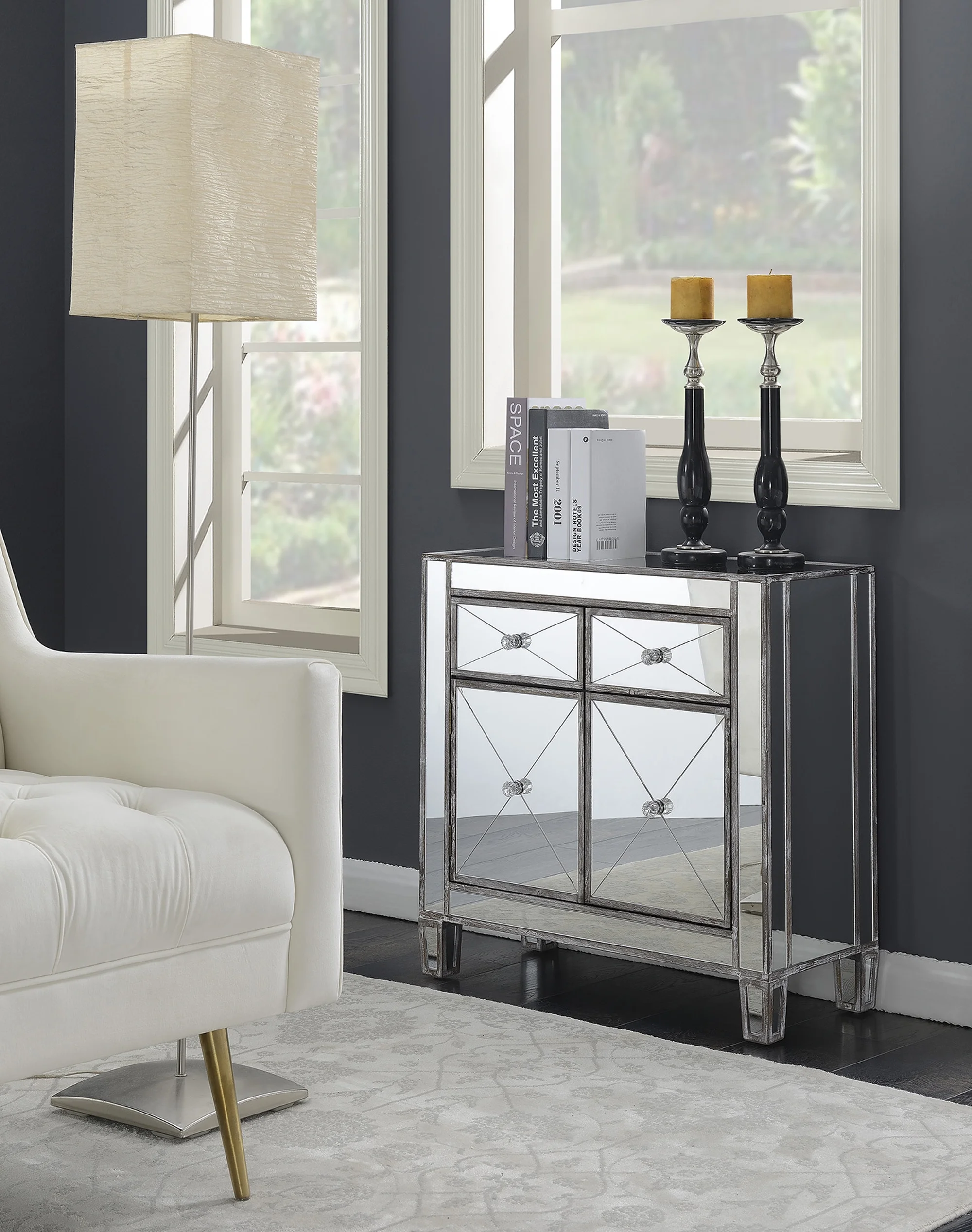 Convenience Concepts Gold Coast Vineyard 2 Drawer Mirrored Hall Table, Weathered Gray