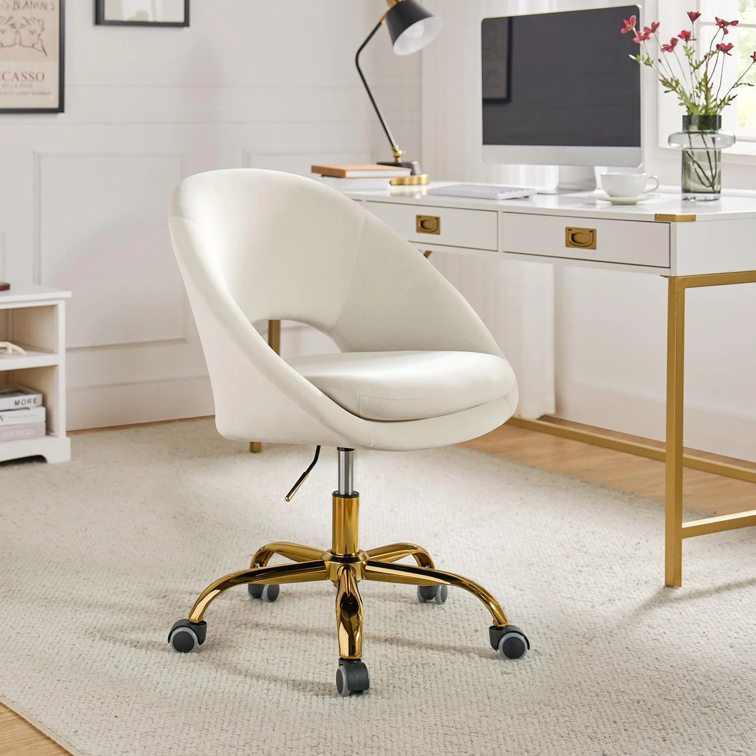 Home Computer Task Office Chair Velvet Swivel Rolling Height Adjustable Bedroom Ivory
