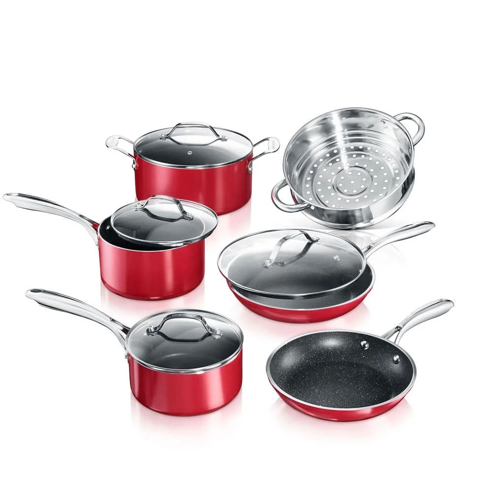 10-Piece Aluminum Red Ultra-Durable Non-Stick Diamond Infused Cookware Set with Glass Lids