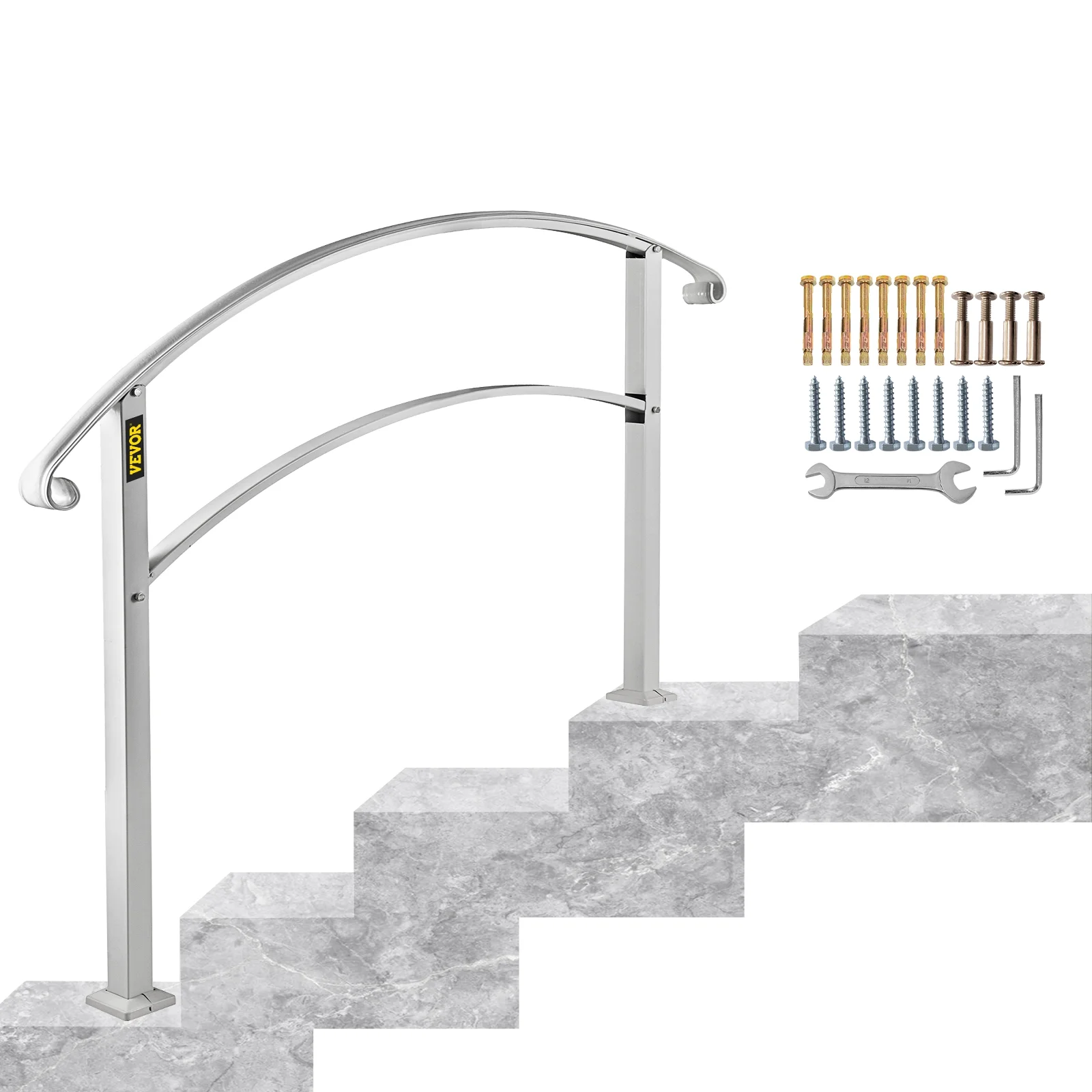 VEVORbrand 4-Step Handrail for Outdoor Stairs Metal Handrail 4 Step Railing Iron Handrail Height adjustable, Matte White