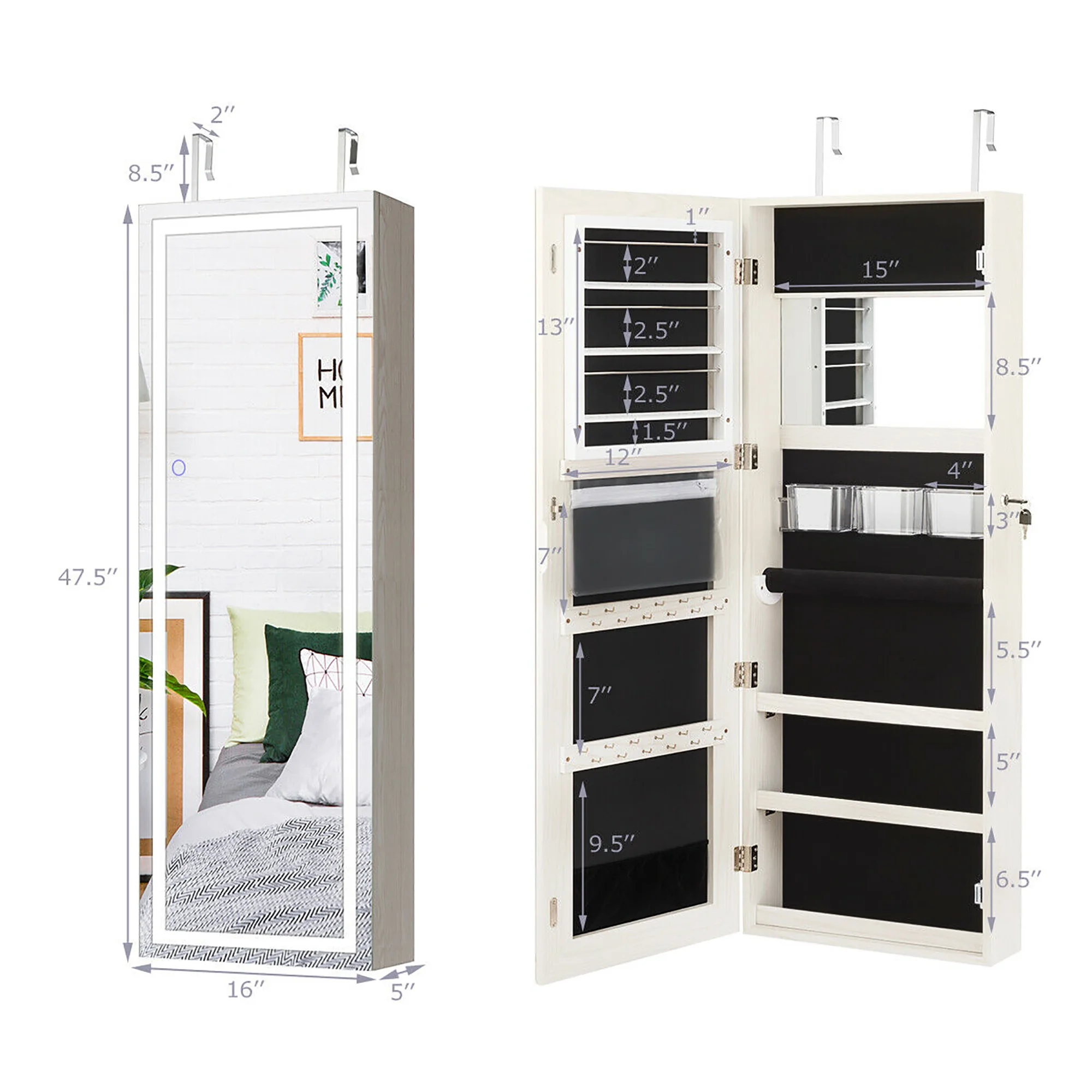 Costway Door Wall Mount Touch Screen LED Light Mirrored Jewelry Cabinet Storage White