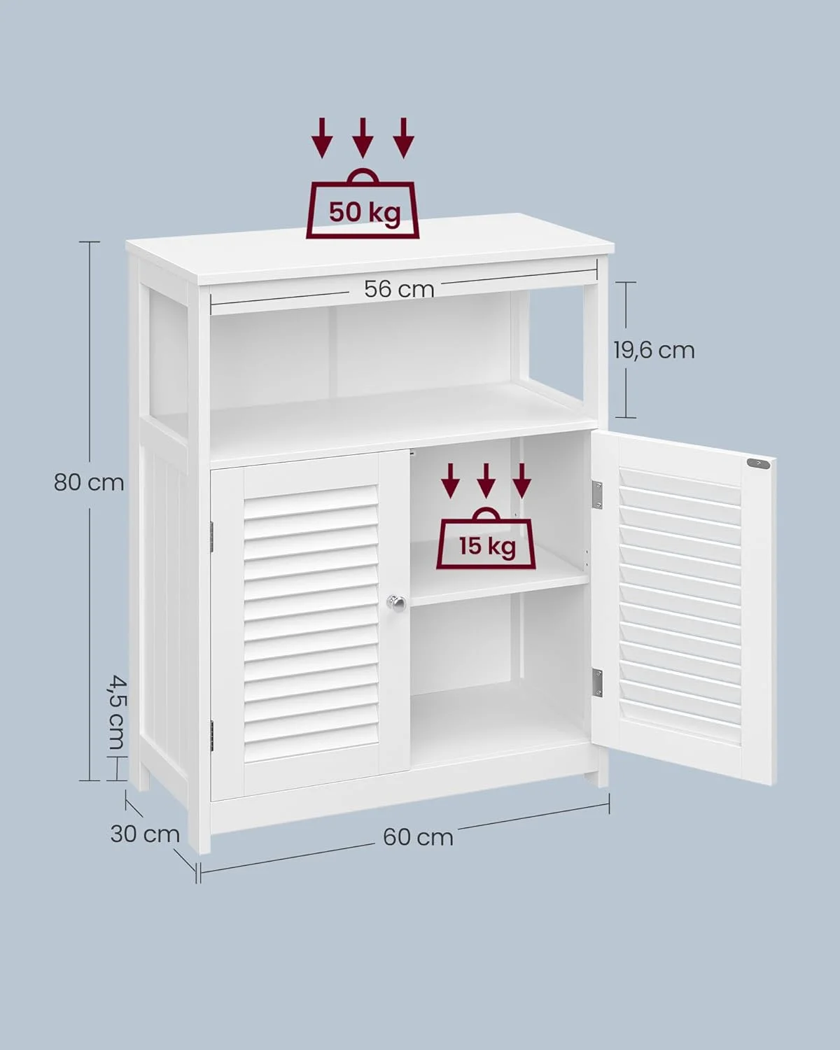 Freestanding Bathroom Floor Cabinet - Double Shutter Doors, Adjustable Shelf, White