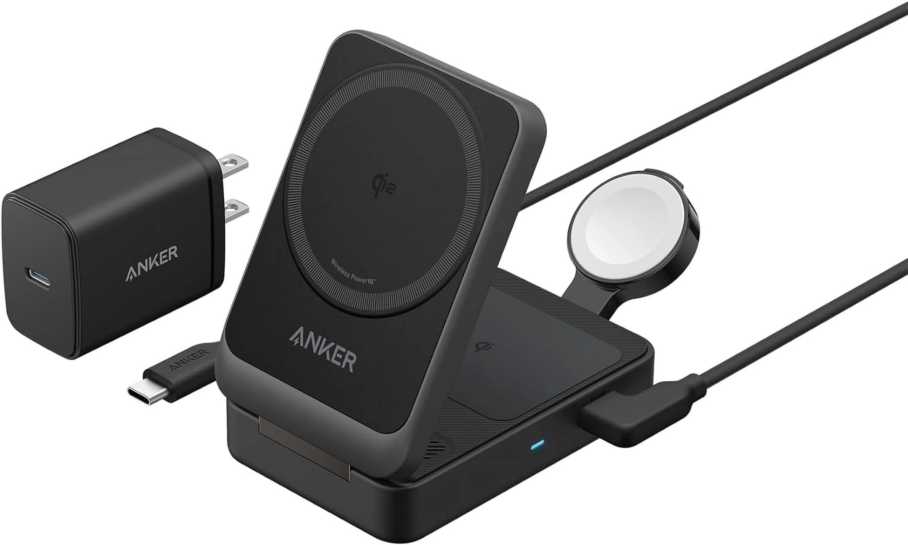 Anker MagGo 3-in-1 Charging Station, Qi2 Certified 15W MagSafe-Compatible Wireless Charger Stand,Black(40W USB-C Charger Included)
