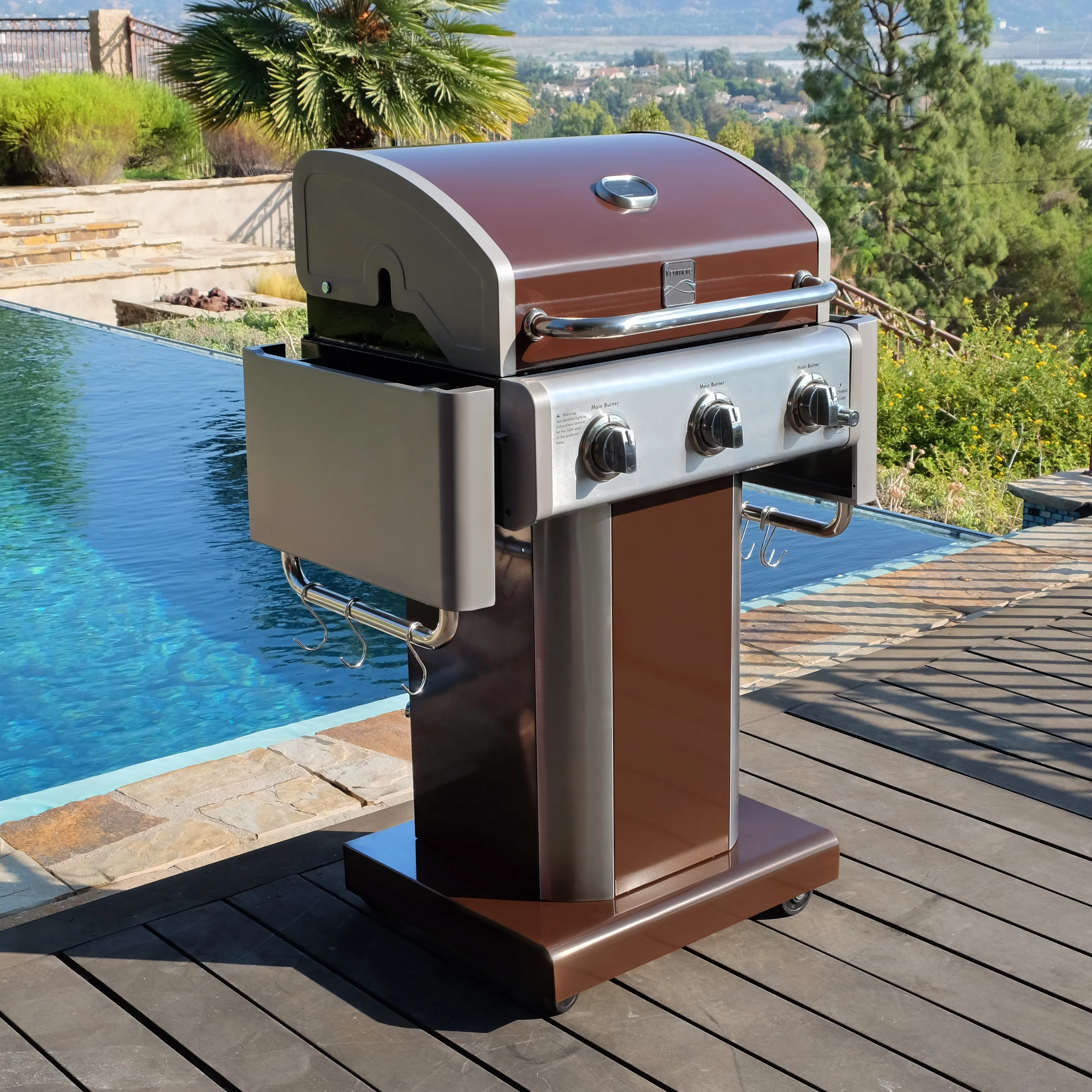 Kenmore 3-Burner Gas Grill, Outdoor BBQ Grill, Propane Grill with Foldable Side Tables, Mocha Brown