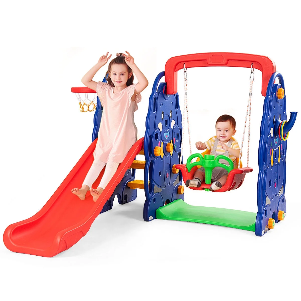 Costway 3 in 1 Junior Children Climber Slide Swing Seat Basketball Hoop Playset Backyard