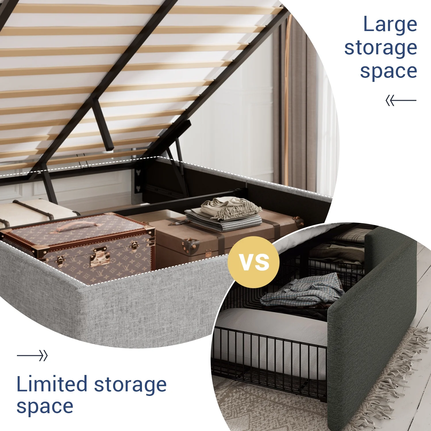 Allewie Queen Size Lift Up Platform Storage Bed Frame with Channel Wingback Headboard, Light Grey