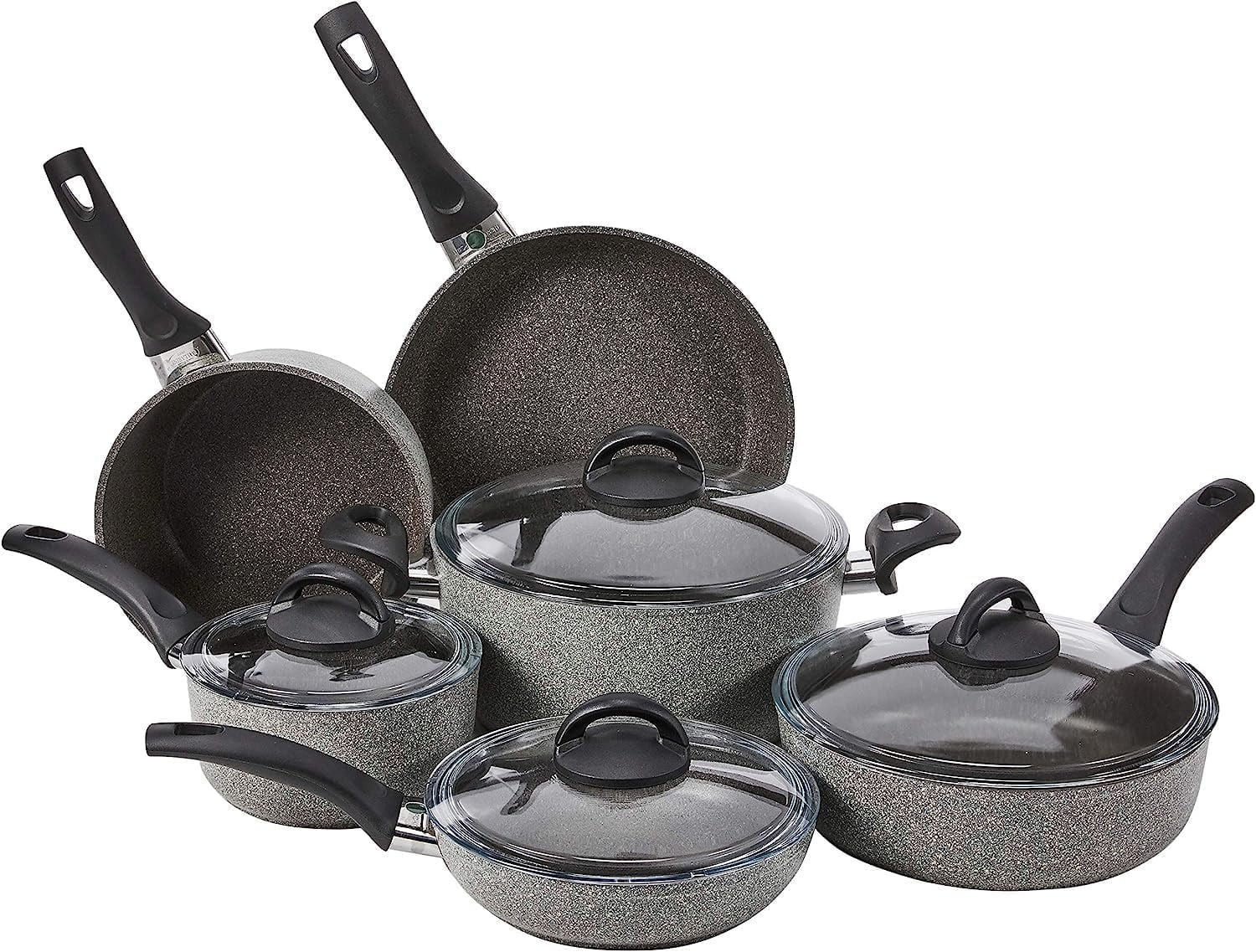 Parma by HENCKELS 10-pc Nonstick and Pan Set, Made in Italy, Set includes fry pans, saucepans, sauté pan and Dutch oven with lid,Gray