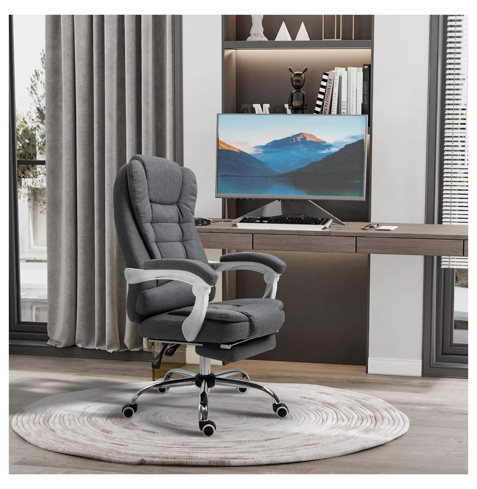 Vinsetto High-Back Executive Office Chair with Footrest, Linen-Fabric Computer Chair with Padded Armrests, Ergonomic Office Chair, Gray