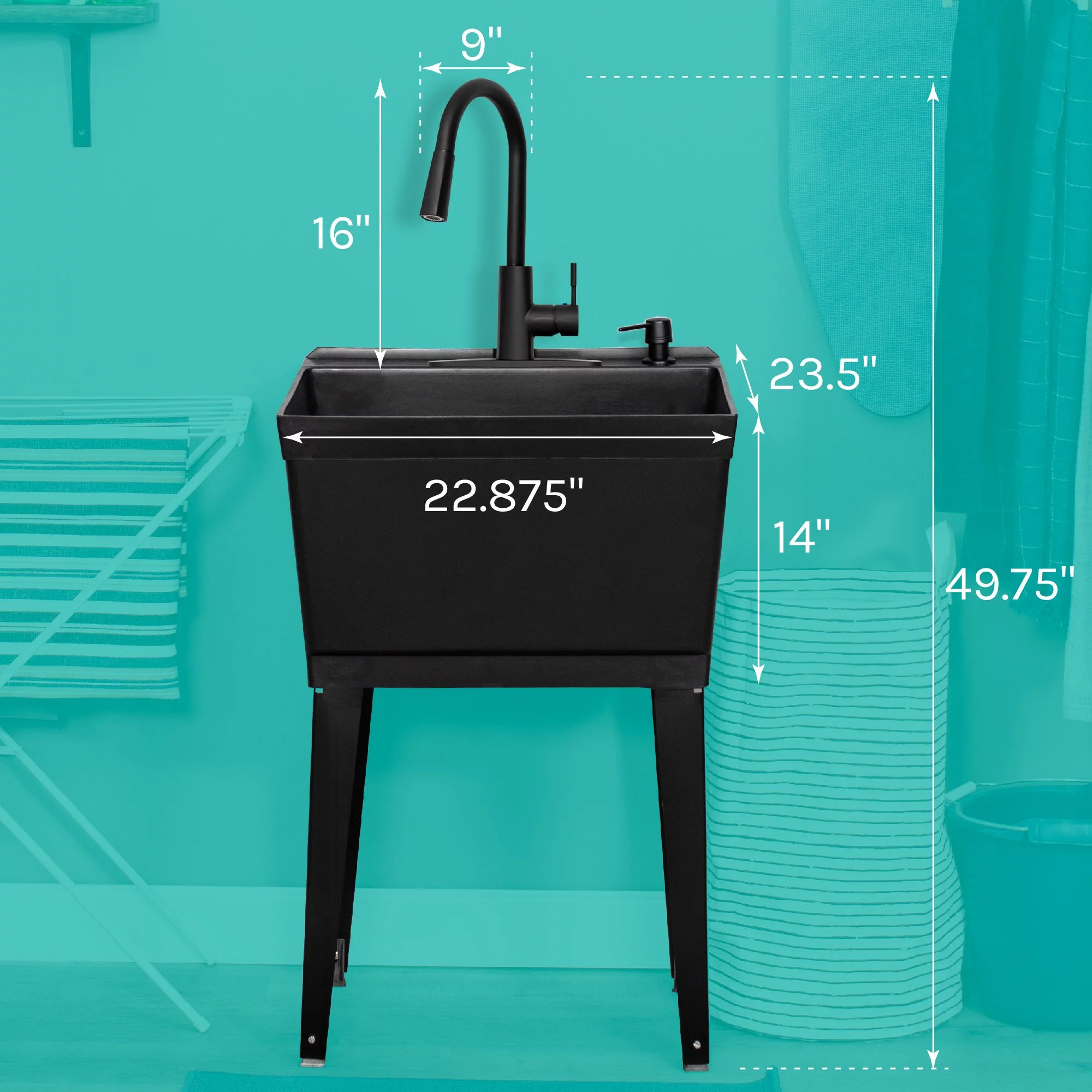 TEHILA Freestanding Floor Mount Black Utility Sink with Black High-Arc Faucet for Laundry Room