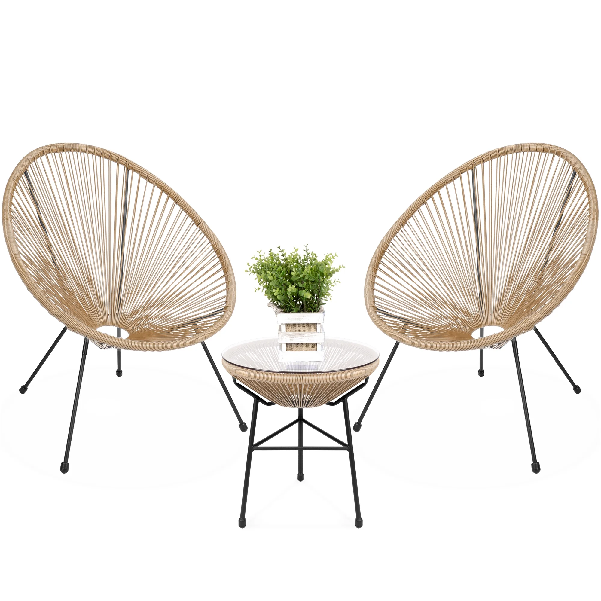 Best Choice Products 3-Piece All-Weather Patio Acapulco Bistro Furniture Set w/ Rope, Glass Top Table - Natural