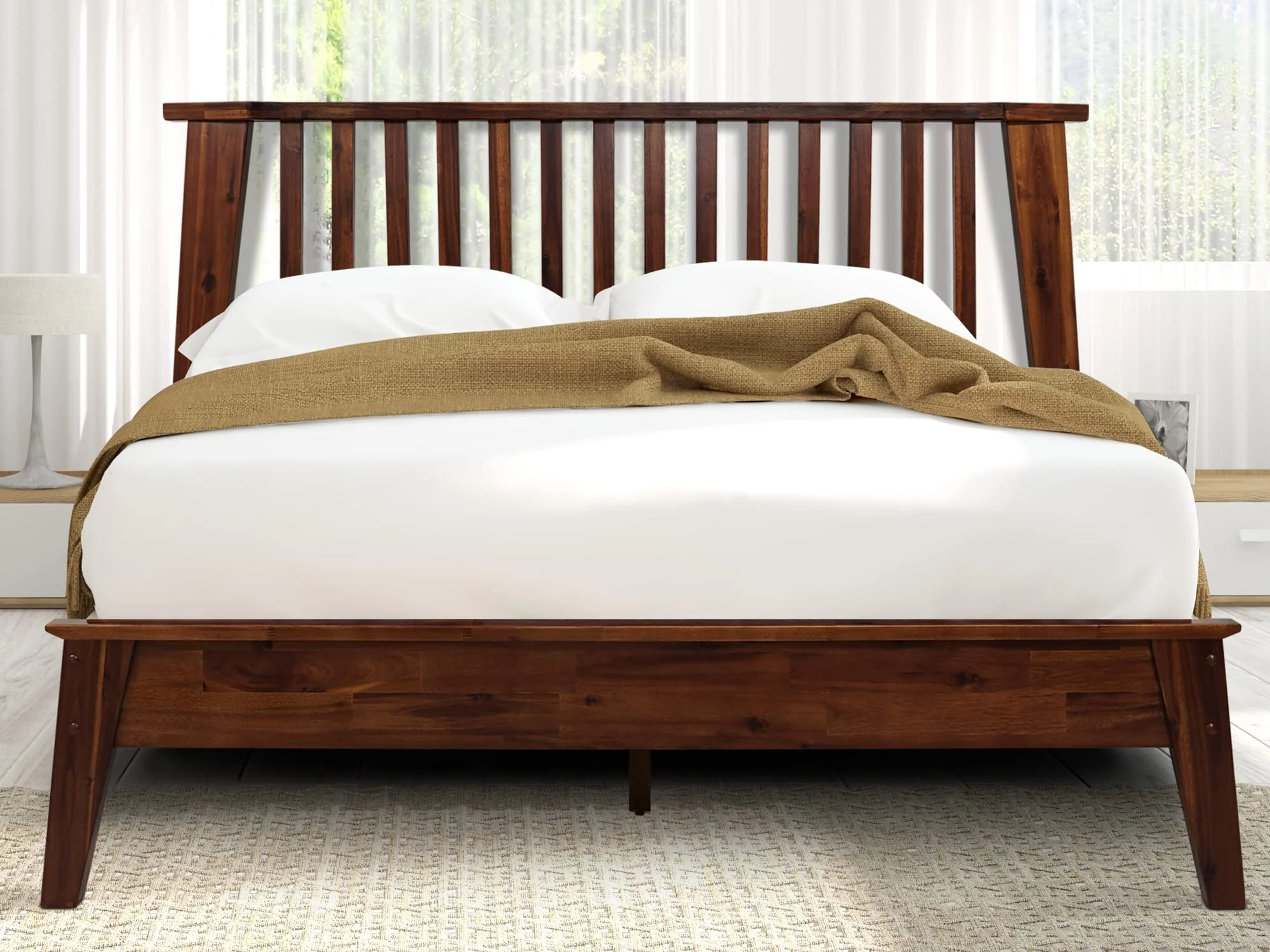 Acacia Kaylin Solid Wood Bed Frame with Headboard, Signature Headboard Wood Bed, Queen - Chocolate