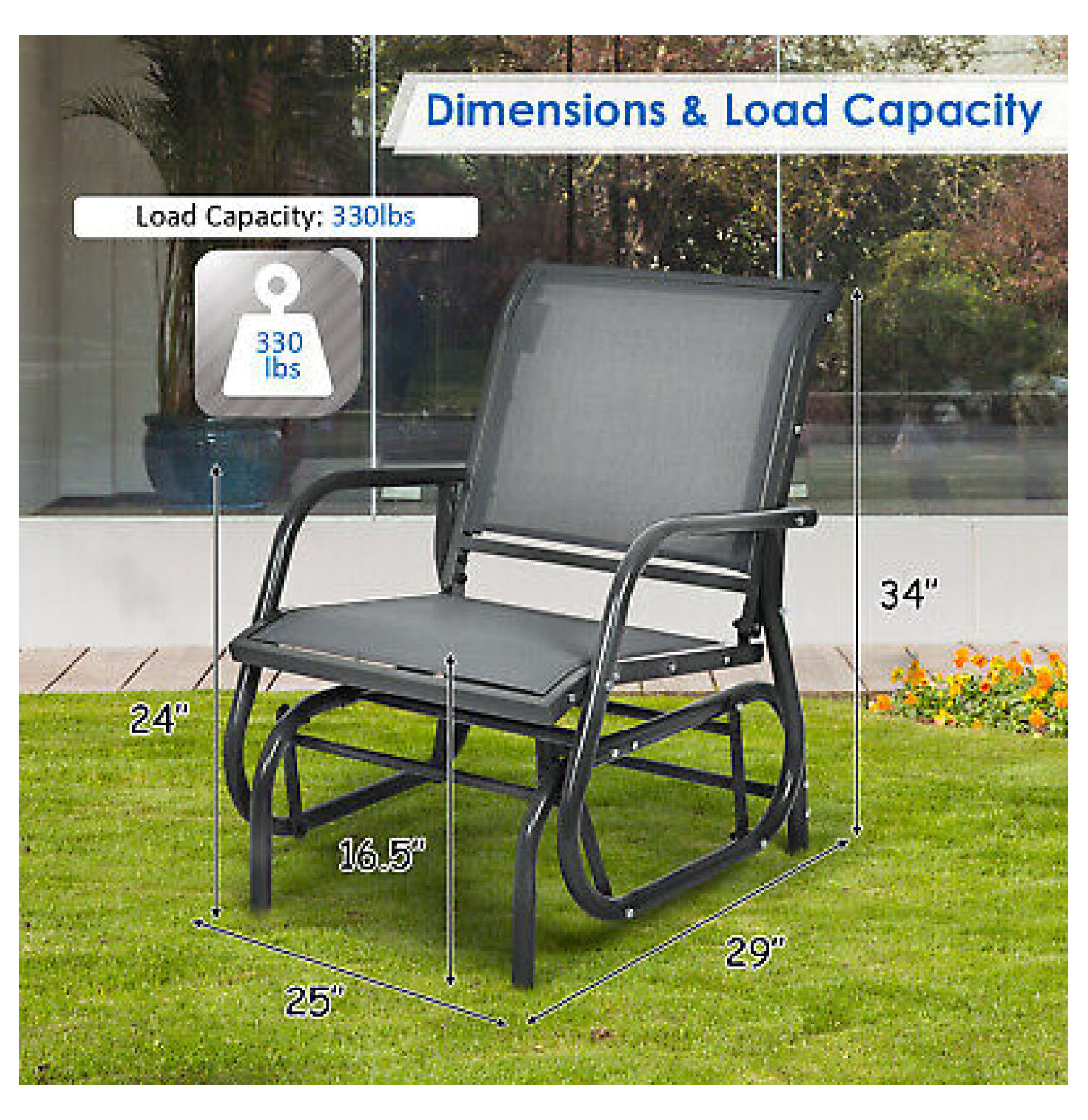 FENG20 Outdoor Single Swing Glider Rocking Chair Armrest Garden Porch Backyard Grey