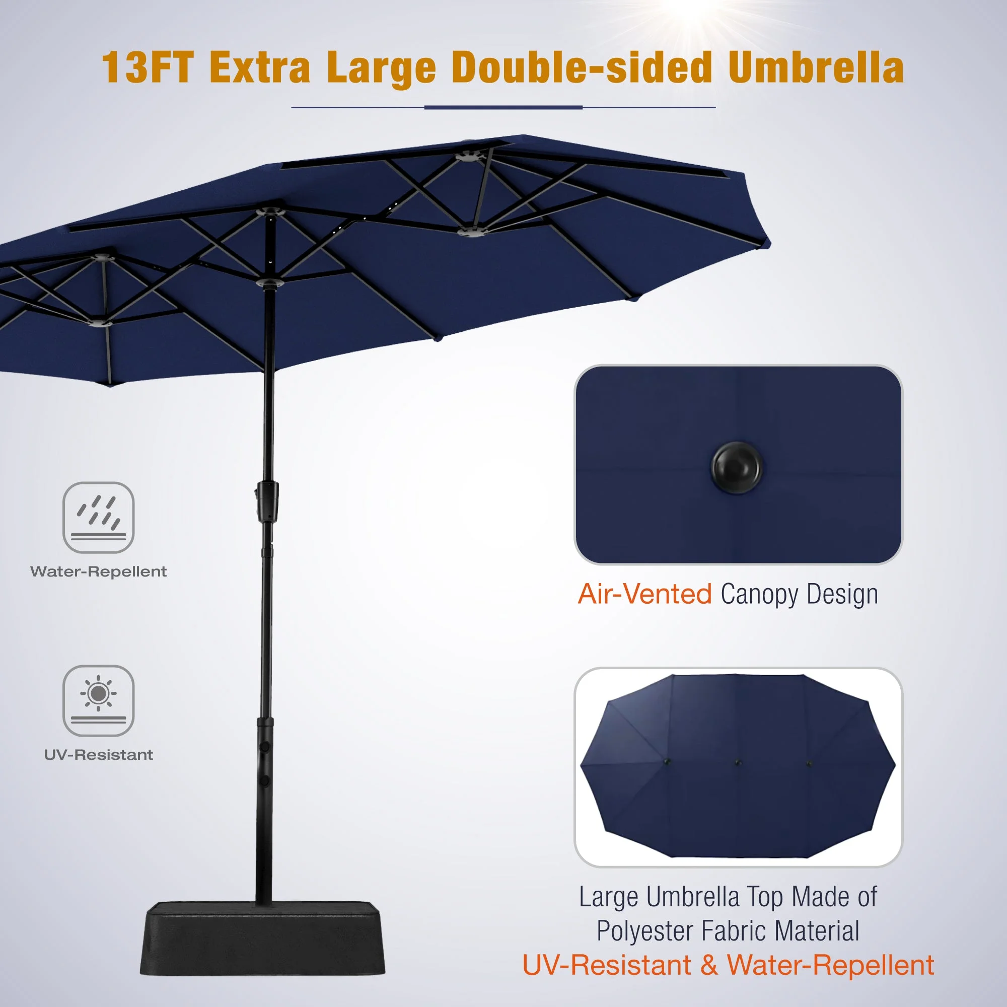 Sophia & William 8-Piece Outdoor Dining Set with 13 ft Double Sided Navy Umbrella, Patio Table & Stackable Chairs for 6