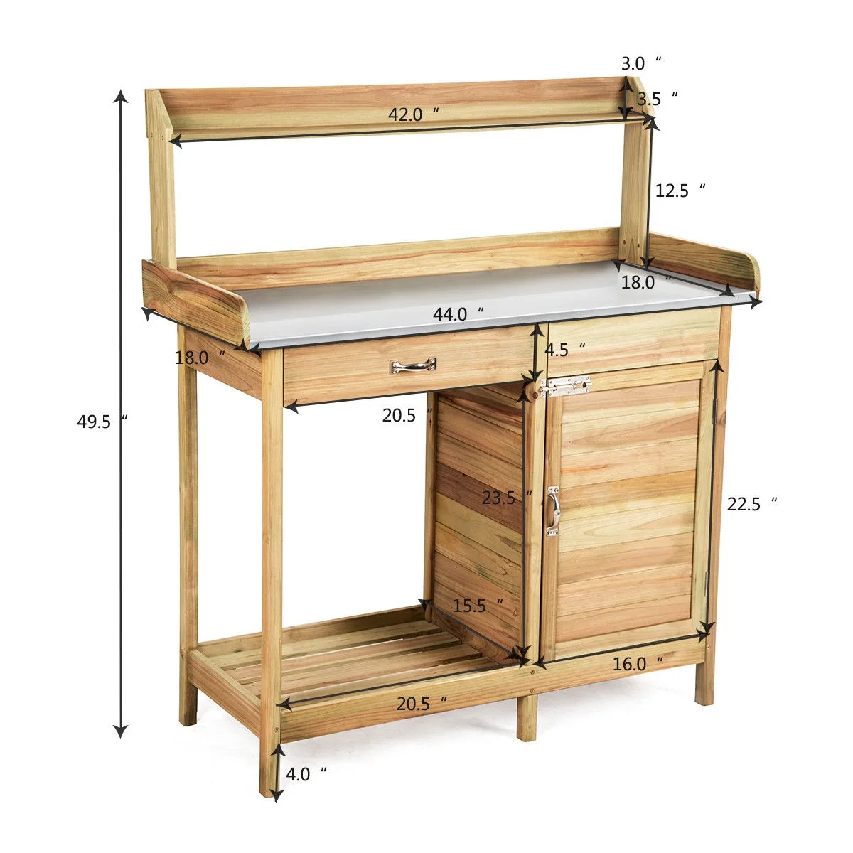 Costway Outdoor Potting Bench Garden Wooden Work Station Metal Tabletop Cabinet Drawer