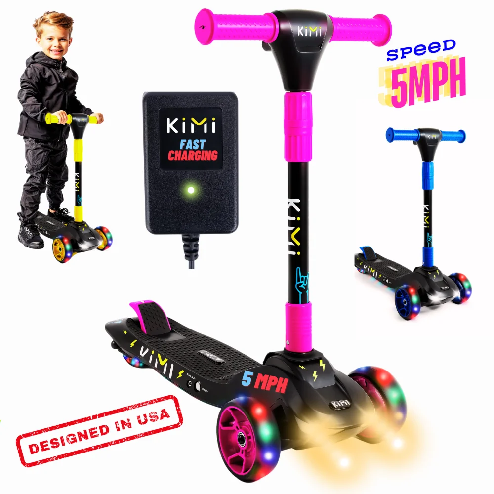 KIMI Electric Scooter 3-Wheel+Charger, Kids 3-7 Adjust, TSA OK, 5MPH, Lights, 10Miles