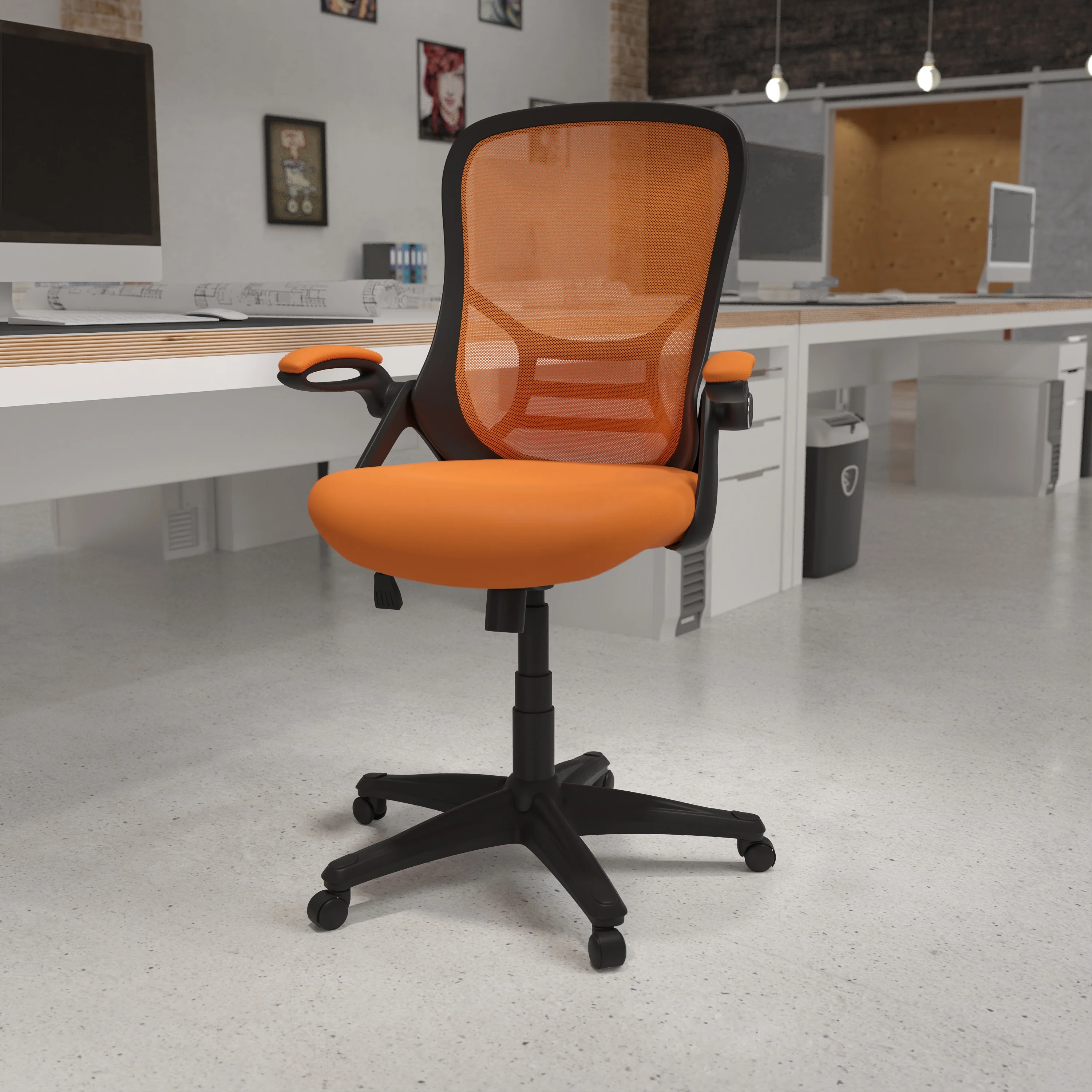 Flash Furniture High Back Orange Mesh Ergonomic Swivel Office Chair with Black Frame and Flip-up Arms
