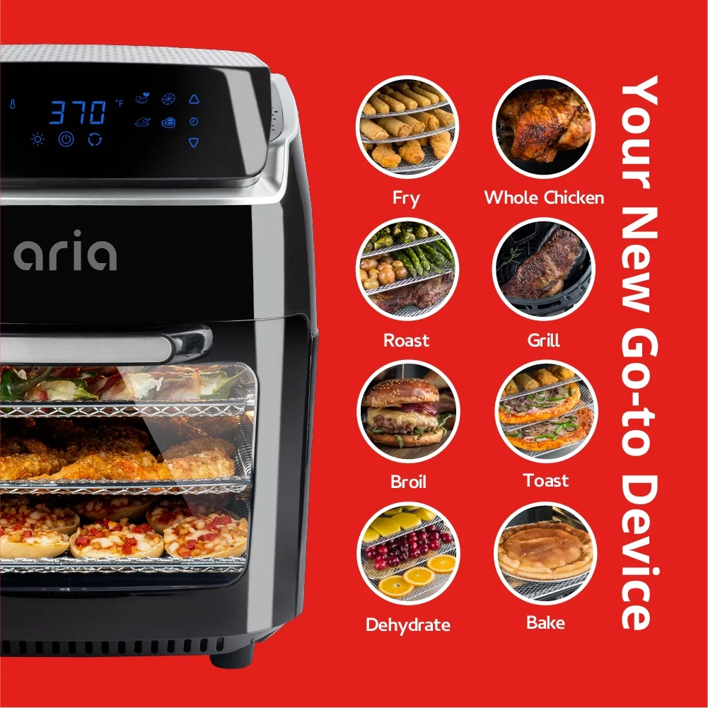 Aria 10Qt Teflon-Free Air Fryer Oven with Rotating Rotisserie, Dehydration, Accessory Set & Recipe Book - Black