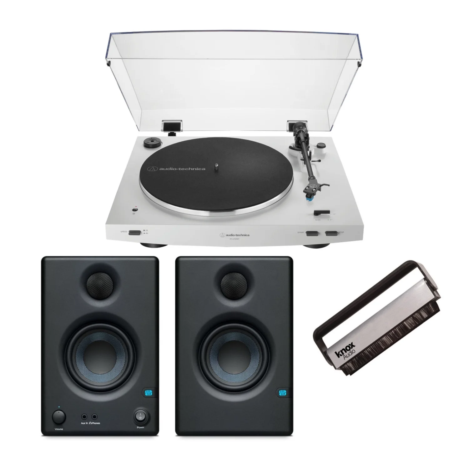 Audio Technica AT-LP3xBT Bluetooth Belt-Drive Turntable (White) with Eris 3.5BT Speakers Bundle