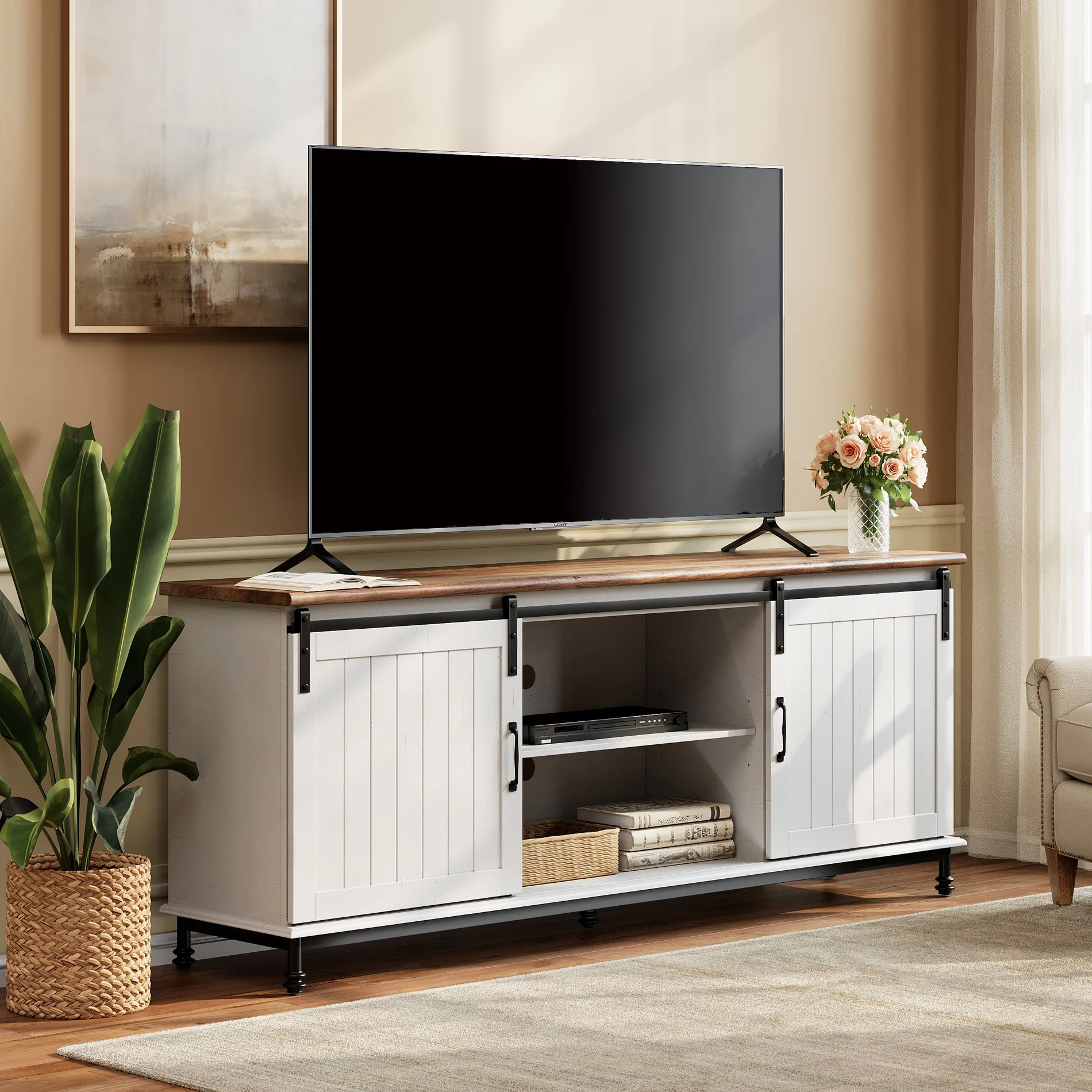 Farmhouse 70 Inches Sliding Barn Door TV Stand for TVs Up to 55 65 75 inch, Entertainment Center with Storage Cabinet, Console Table Adjustable Shelves,
