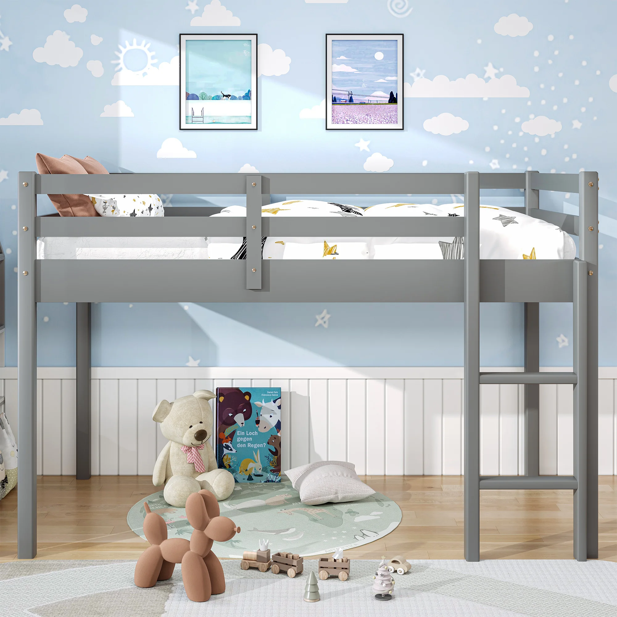 PAPROOS Twin Size Loft Bed, Solid Wood Loft Bed Frame with 14 Wooden Slats, Modern Low Loft Bed for Kids Boys Girls, No Box Spring Needed, Gray