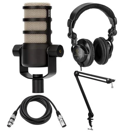 PodMic Dynamic Podcasting Microphone Bundle with Broadcast Arm with Internal Springs, H&A Studio Monitor Headphones, XLR M to F Mic Cable