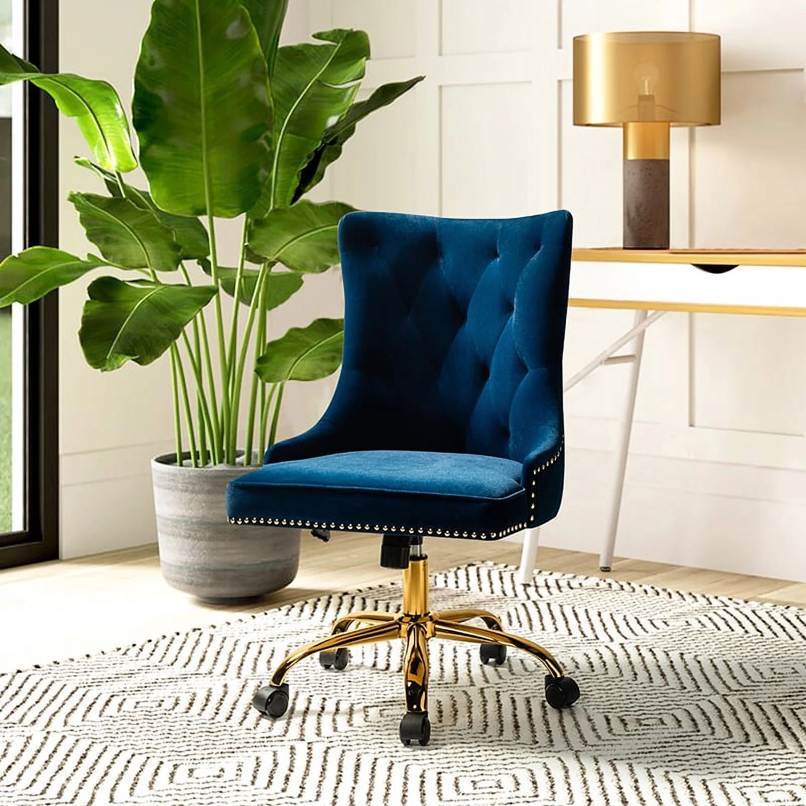 Home Office Computer Desk Chair Velvet Tufted Wingback Upholstered Task Rolling Chairs Swivel Adjustable Nailhead Gold Leg Navy