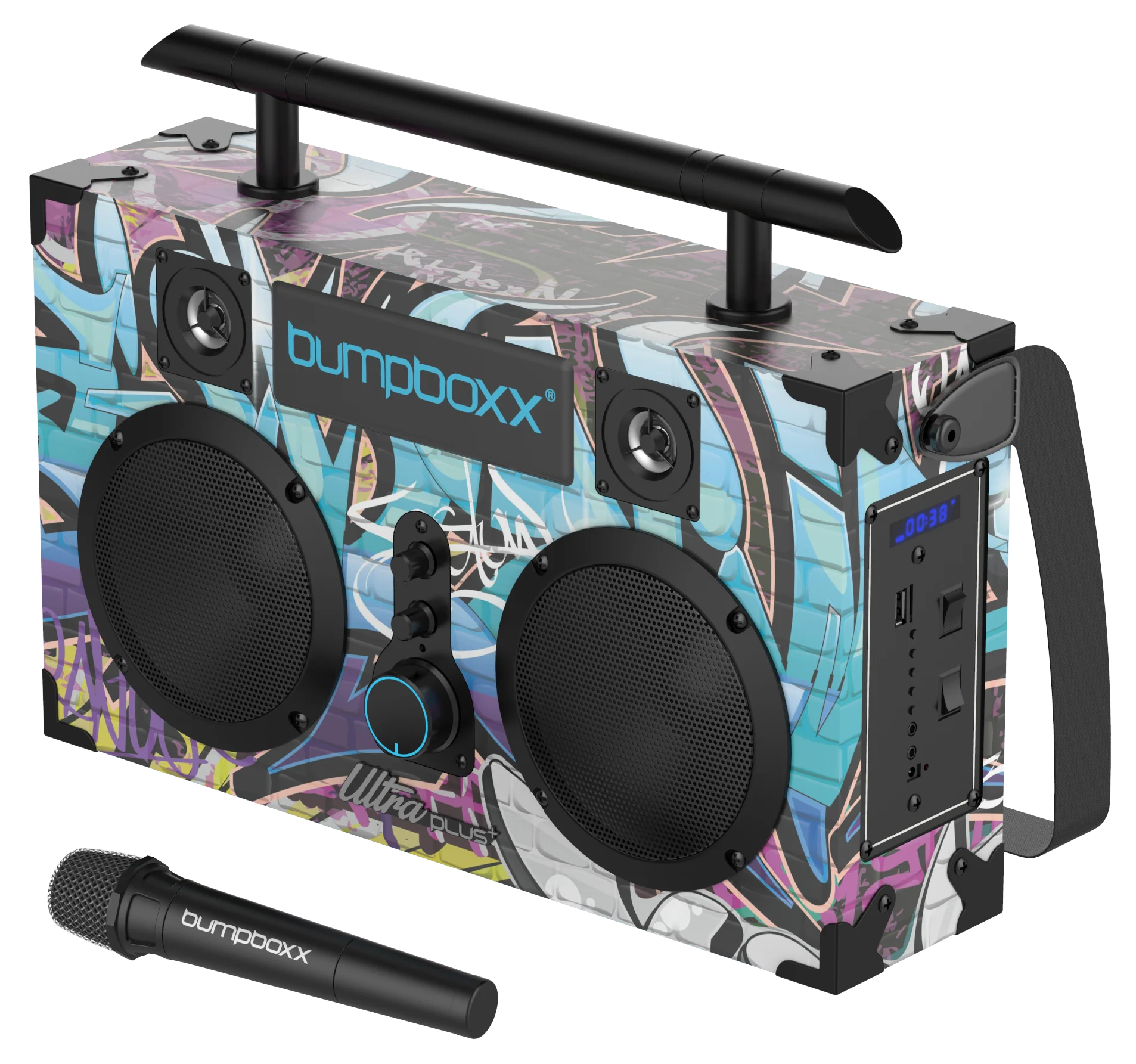 Bumpboxx Ultra Plus+ Bluetooth Speaker Boombox, Wireless Microphone, Rechargeable, Carry Strap