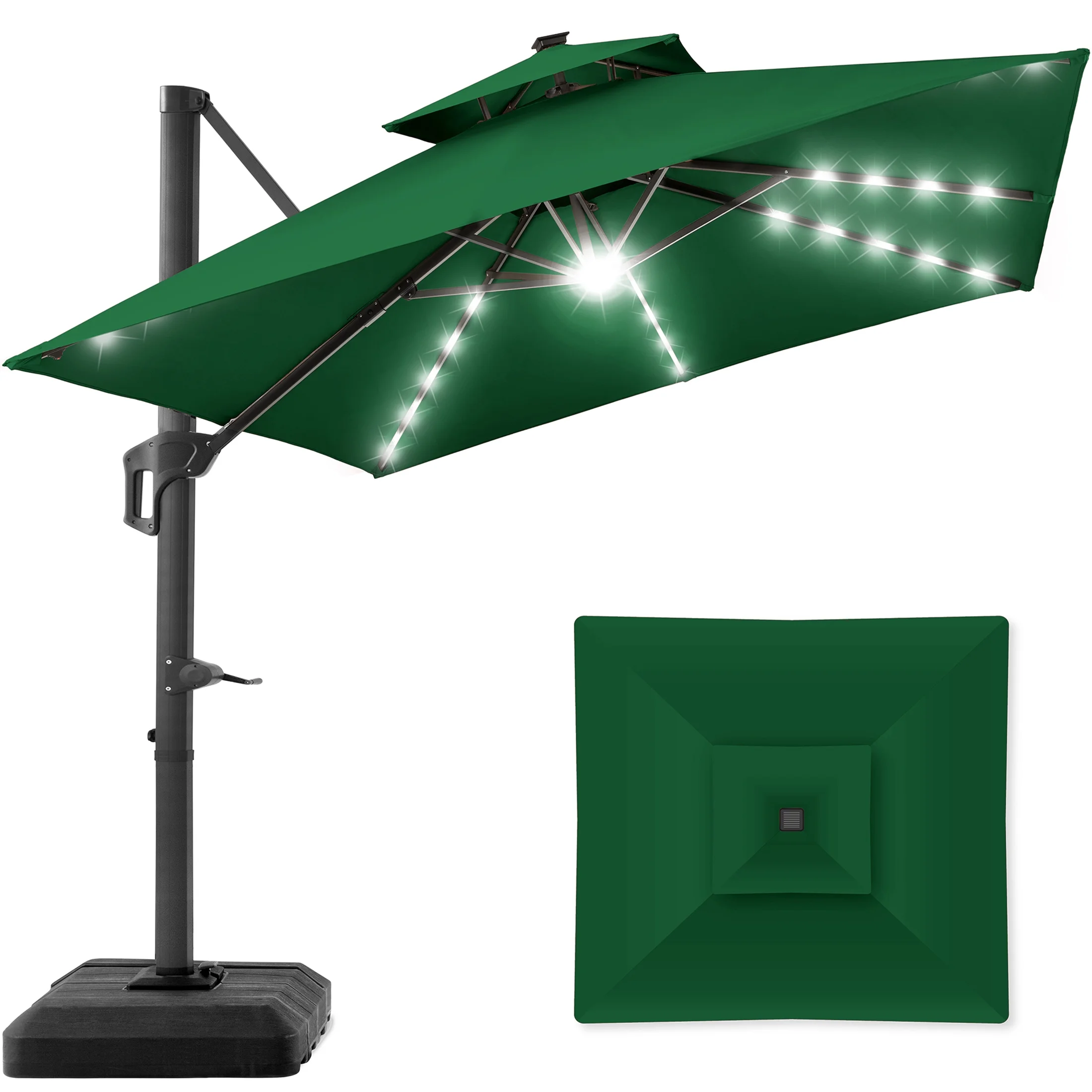 Best Choice Products 10x10ft 2-Tier Square Outdoor Solar LED Cantilever Patio Umbrella w/ Base Included - Green