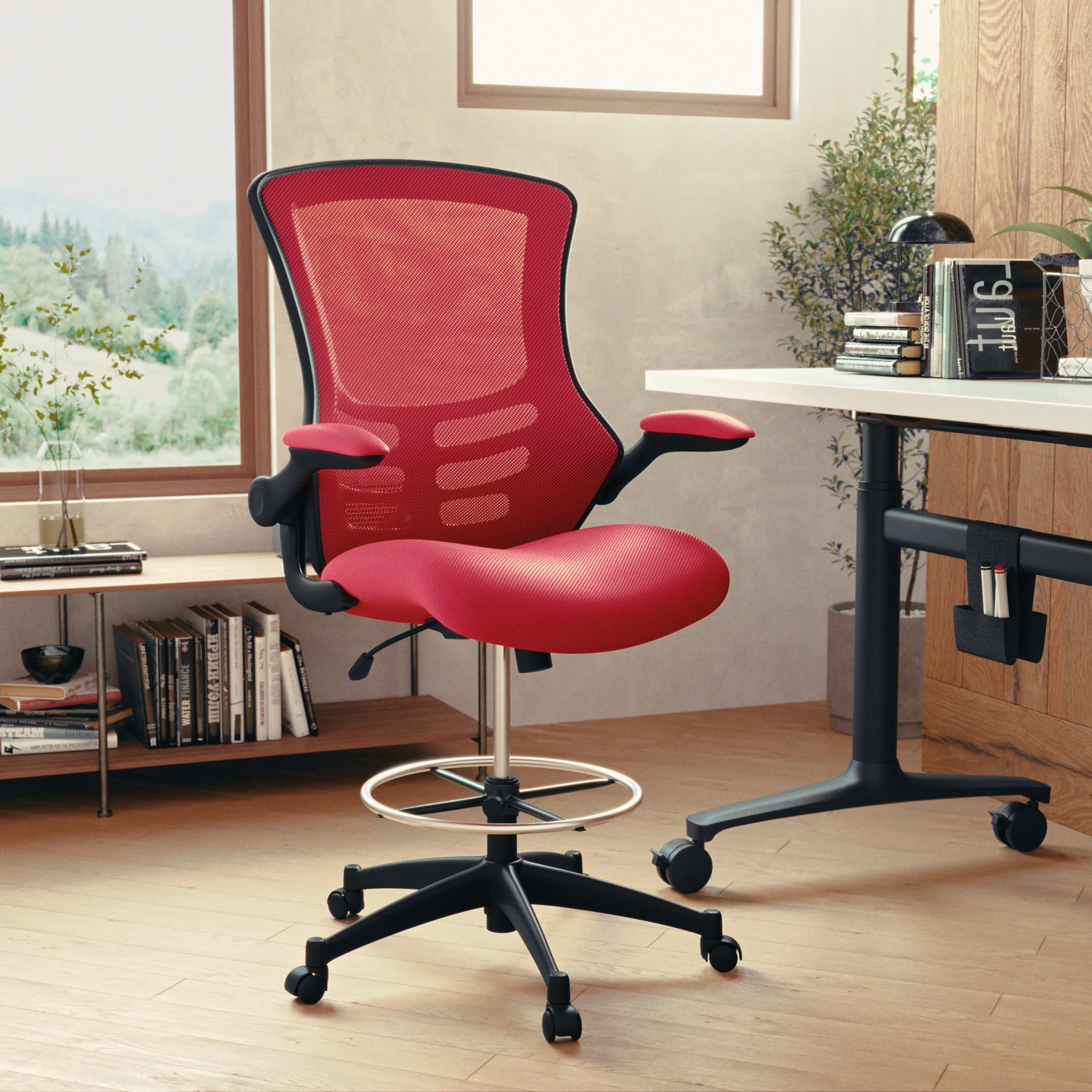 Flash Furniture Kelista Mid-Back Red Mesh Ergonomic Drafting Chair with Adjustable Foot Ring and Flip-Up Arms