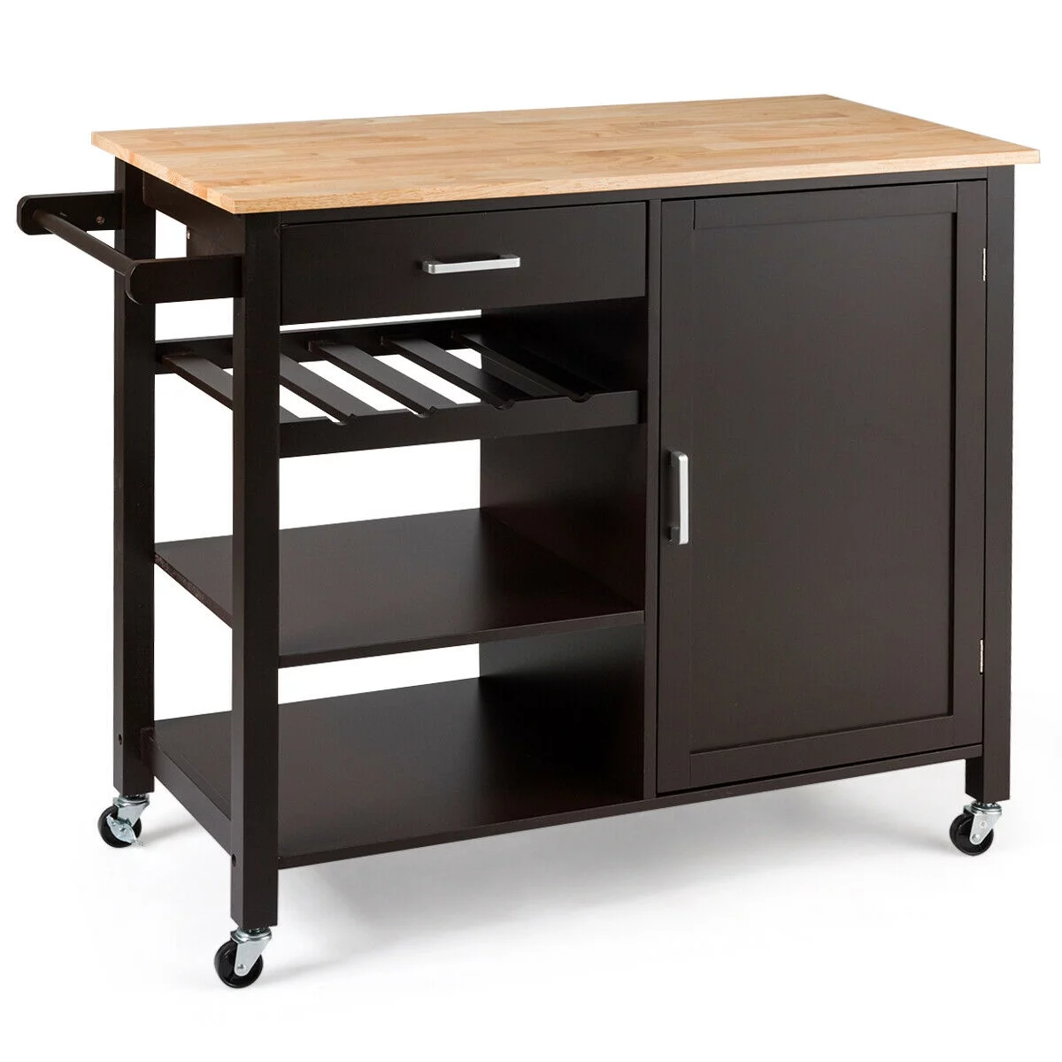 Giantex Kitchen Island Cart Rolling Serving Cart Wood Trolley with Drawer, Storage Cabinet, Wine Bottle Rack, Towel Rack and Lockable Wheels (Brown)