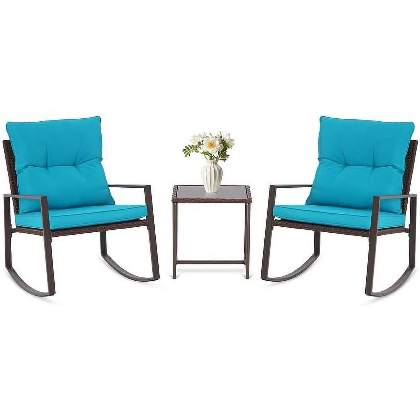 Havenside Home Pheap Outdoor Patio 3-piece Black/Brown Wicker Rocking Bistro Set by Brown/Baby Blue