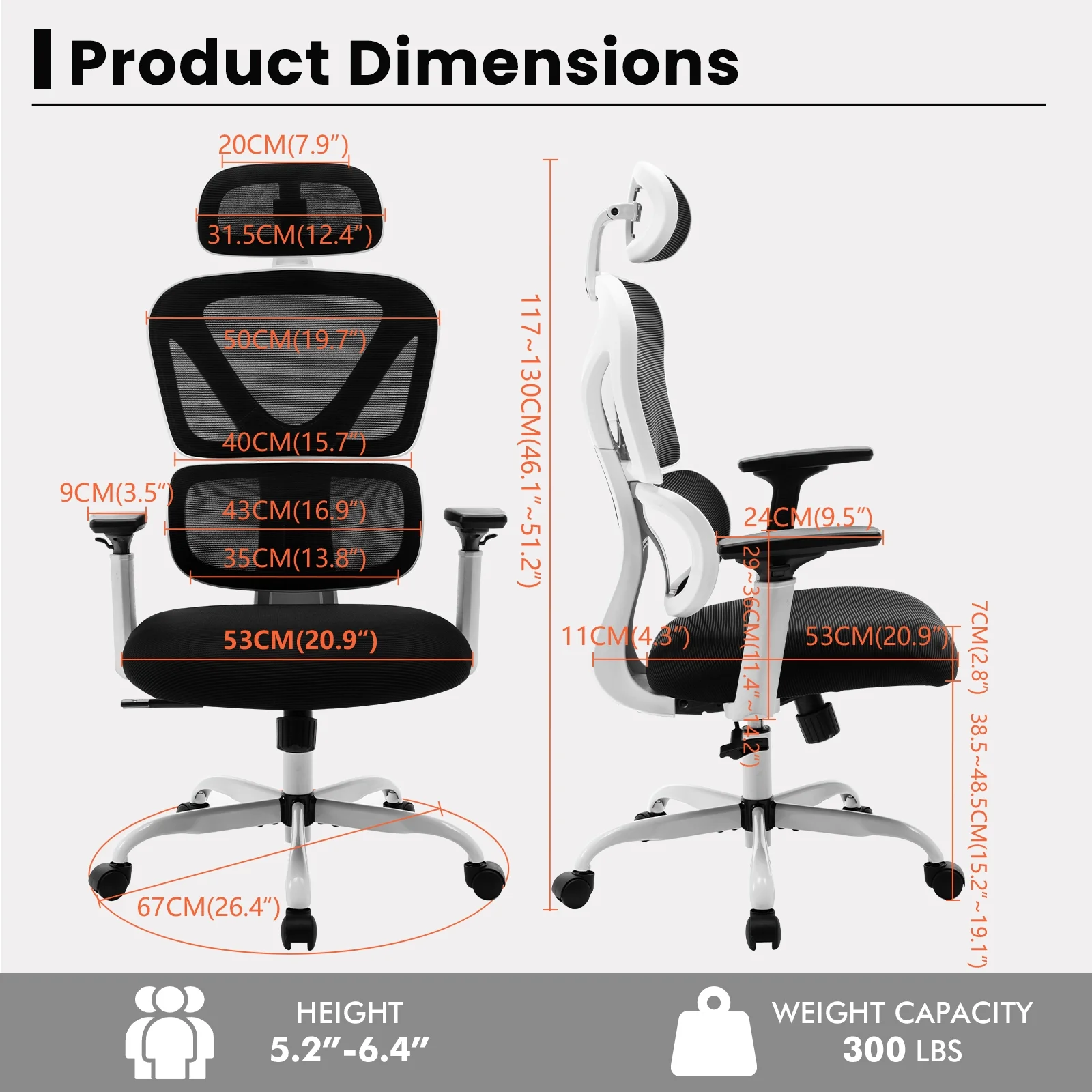 CoolHut Ergonomic Office Chair, High Back Adjustable Computer Desk Chair with Lumbar Support, 300lb, White
