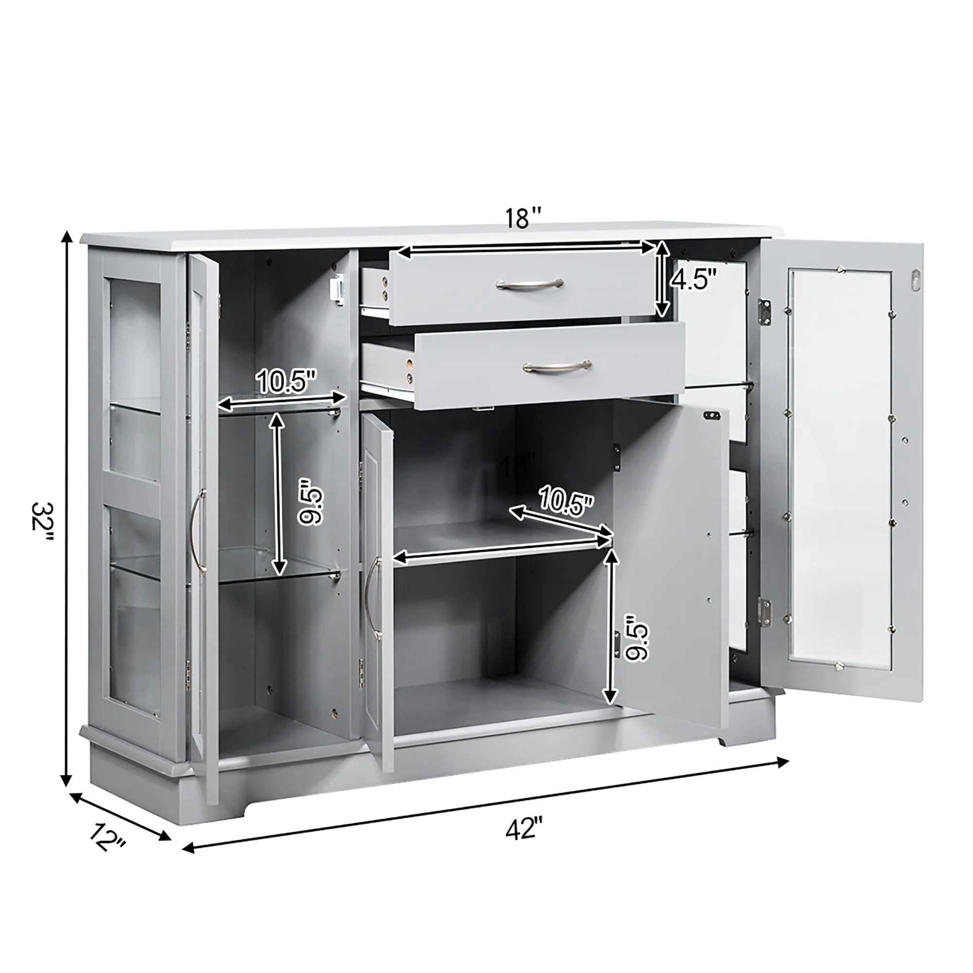 Costway Sideboard Buffet Server Storage 32'' Cabinet W/ 2 Drawers 3 Cabinets Cupboard Grey