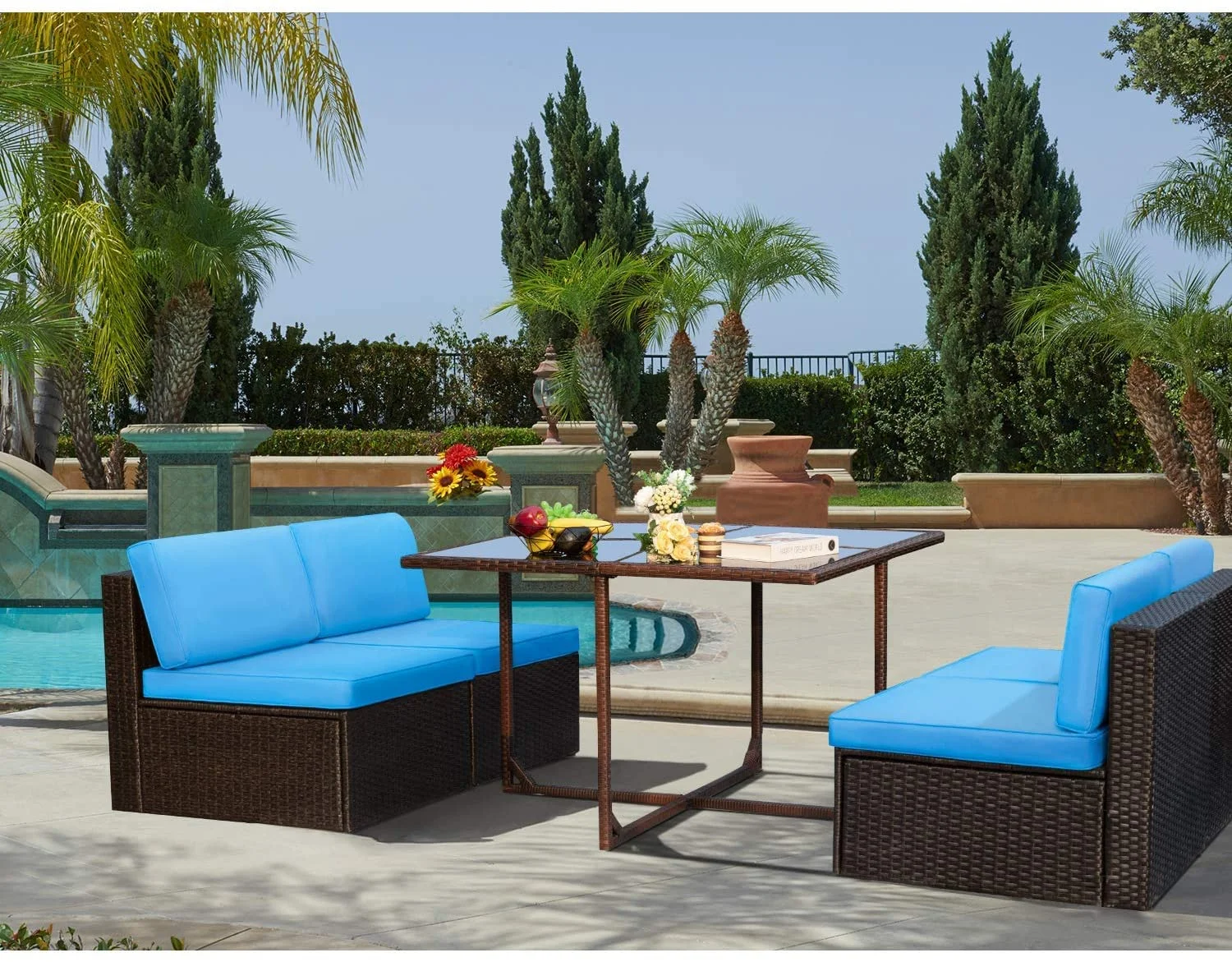 Vineego 5 Pieces Patio Dining Sets Outdoor Conversation Sets Wicker Patio Sectional Sofa with Tempered Glass Table(Blue)