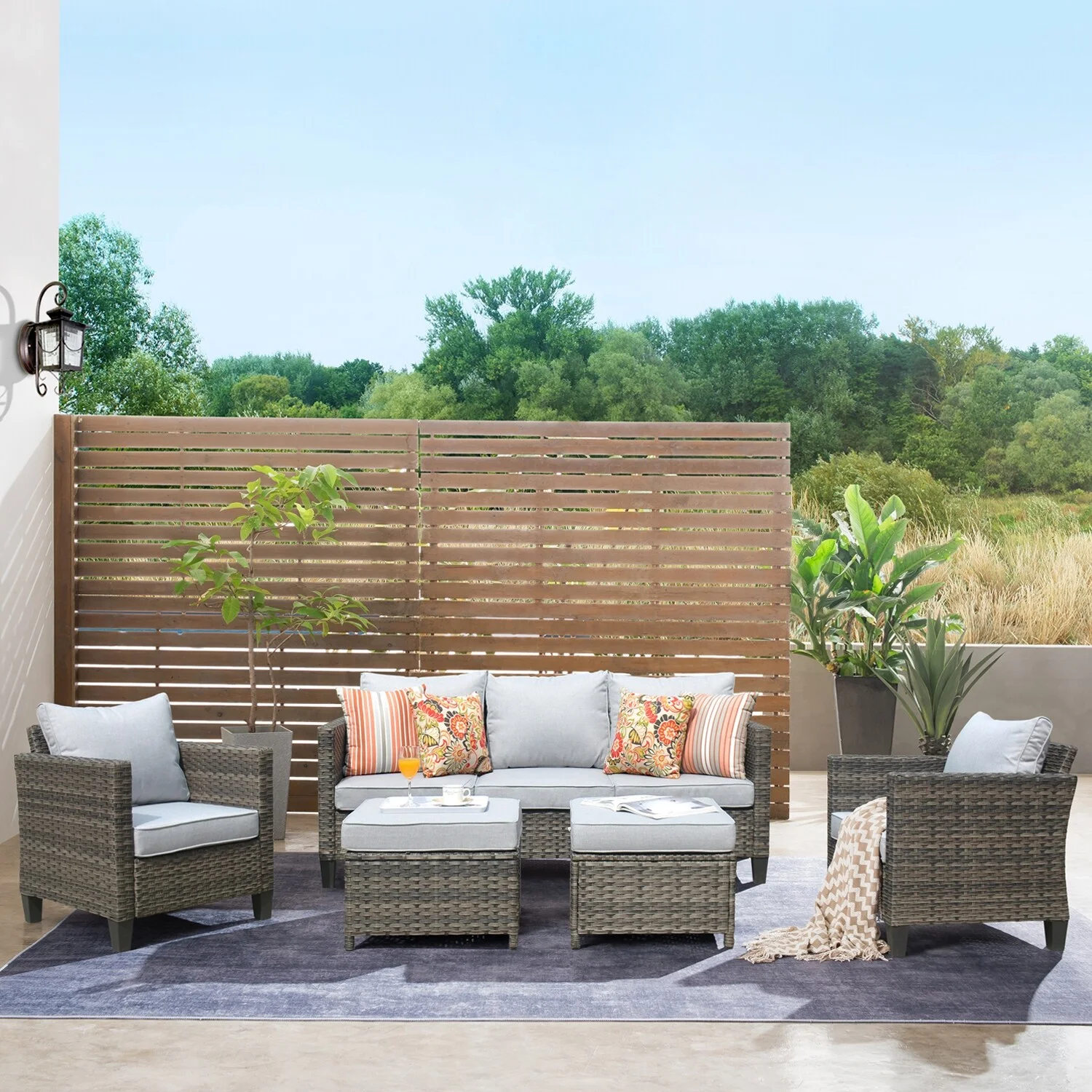 OVIOS 5-piece Patio Furniture Wicker Outdoor High-back Seating Set Grey/Black frame