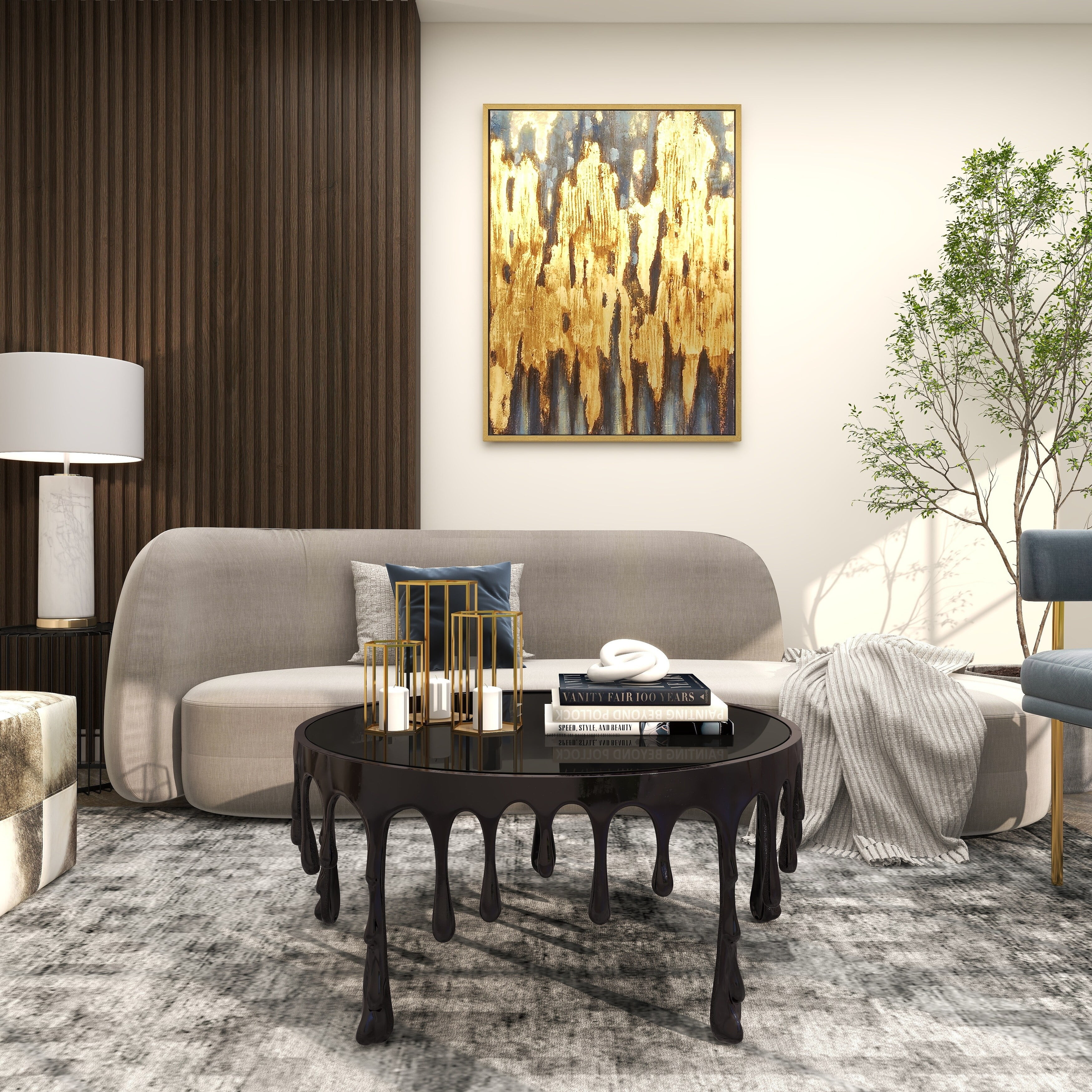 Studio 350 Aluminum Metal Accent, Console, and Coffee Table Collection with Drip Melting Design and Smoke Shaded Glass Top Multiple Colors Black -