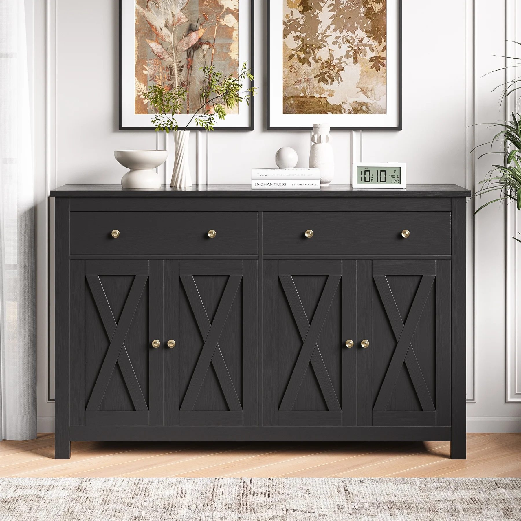 Homfa 4-Doors 2-Drawers Farmhouse Storage Cabinet, Wood Sideboard with Adjustable Shelves, Black