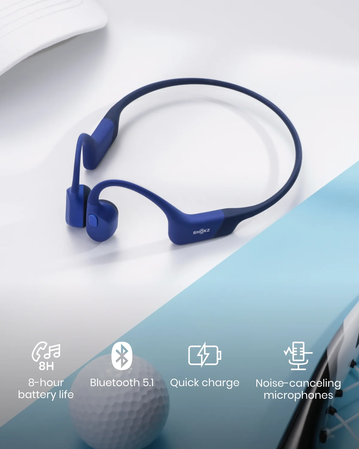 Shokz OpenRun Mini Bone Conduction Waterproof Bluetooth Headphones for Sports with Cooling Wristband (Blue, Mini)