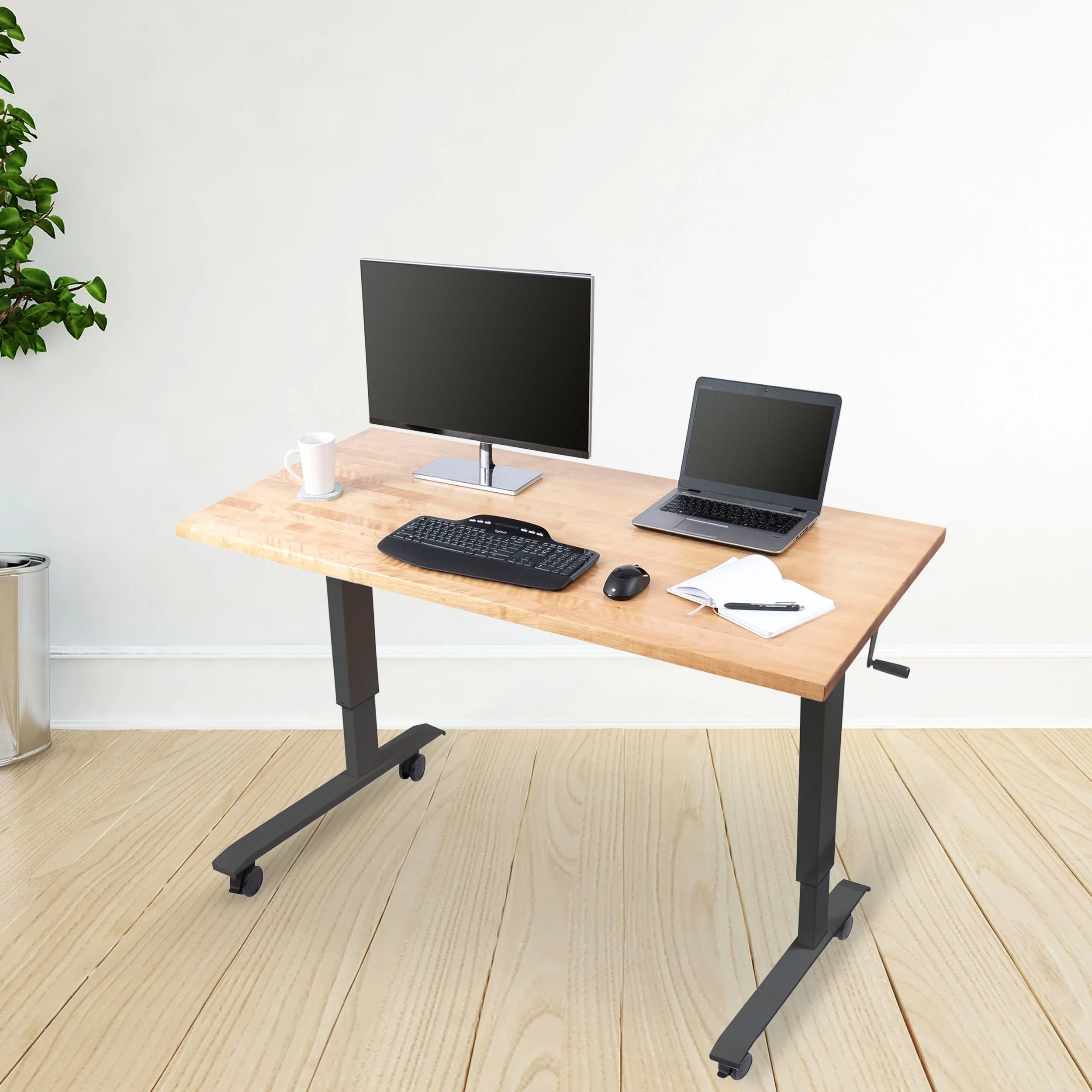 Stand Up Desk Store Crank Adjustable Height Rolling Solid Wood Top Standing Desk (Charcoal Frame/Natural Birch Top, 60