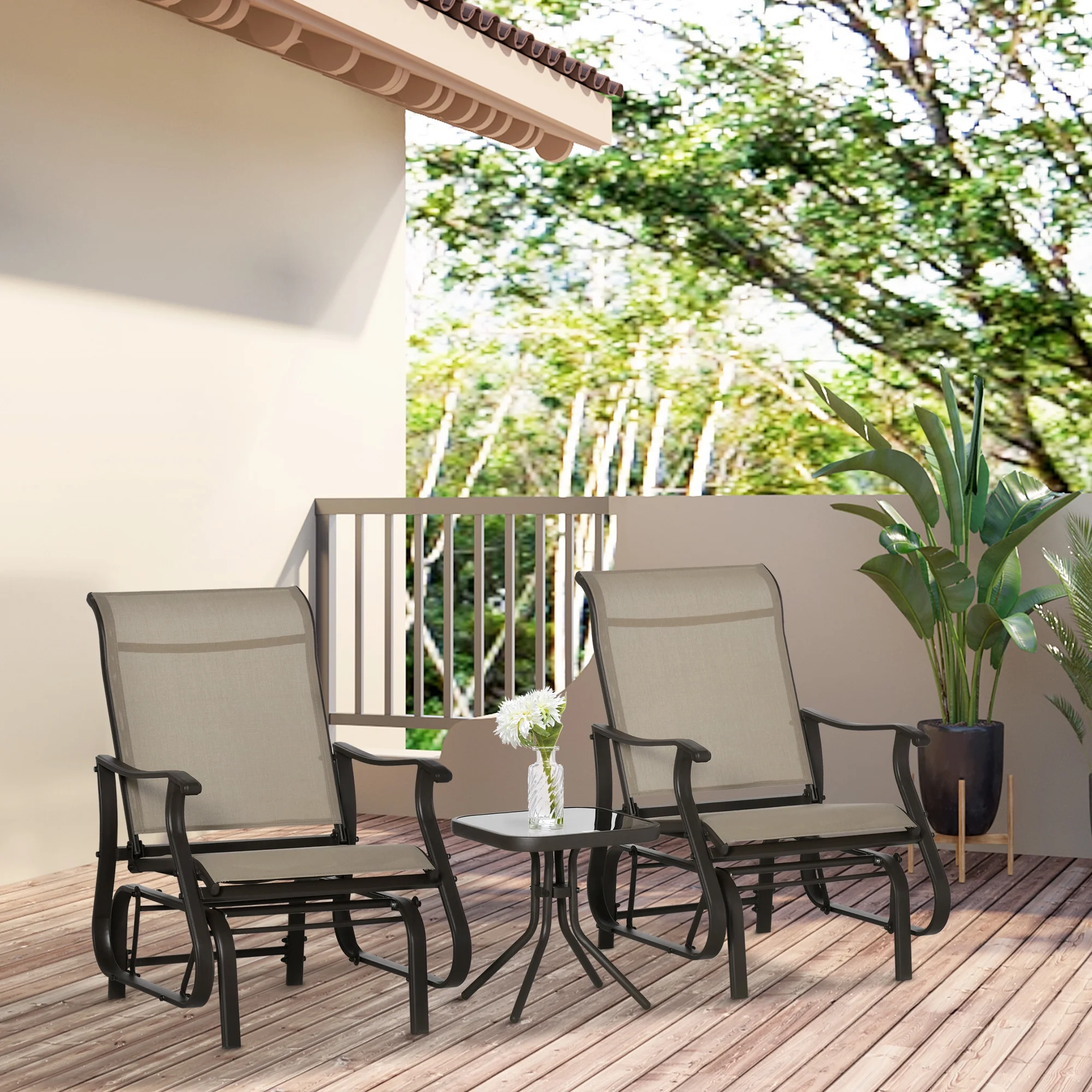 Outsunny 3-Piece Outdoor Gliders Set Bistro Set with Steel Frame, Tempered Glass Top Table for Patio, Garden, Backyard, Lawn, Gray