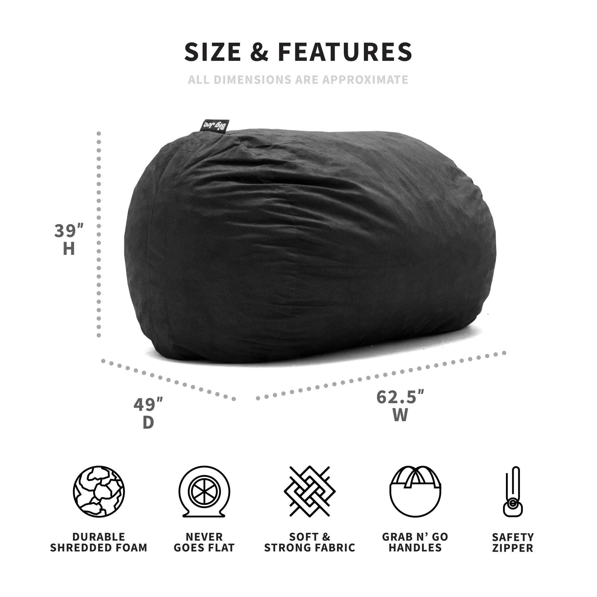 Big Joe Fuf XL Foam Filled Bean Bag Chair with Removable Cover, Black Lenox, Durable Woven Polyester, 5 feet Giant