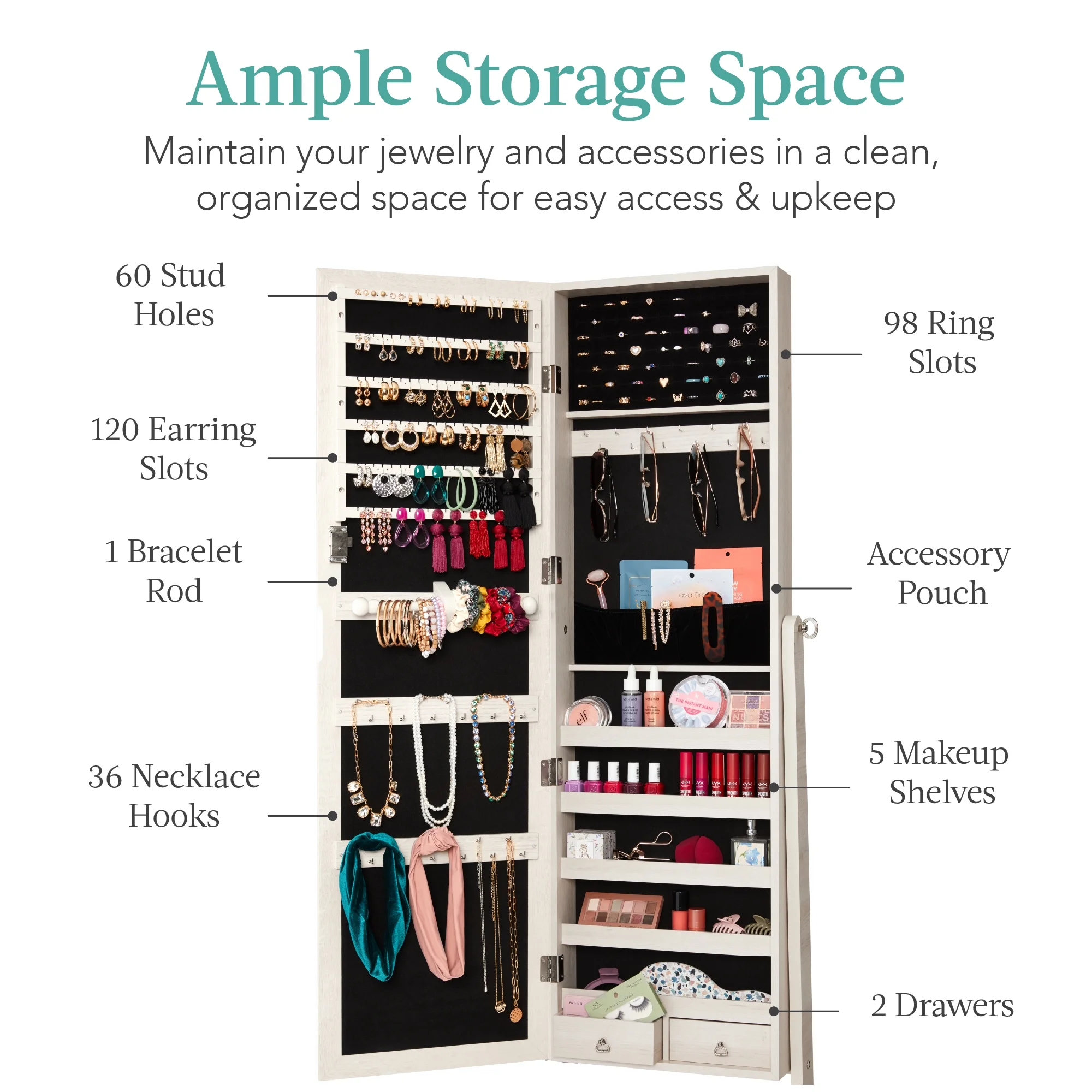 Best Choice Products Jewelry Armoire Cabinet, Full Length Mirror w/ Velvet Storage Interior, Lock - Coastal White